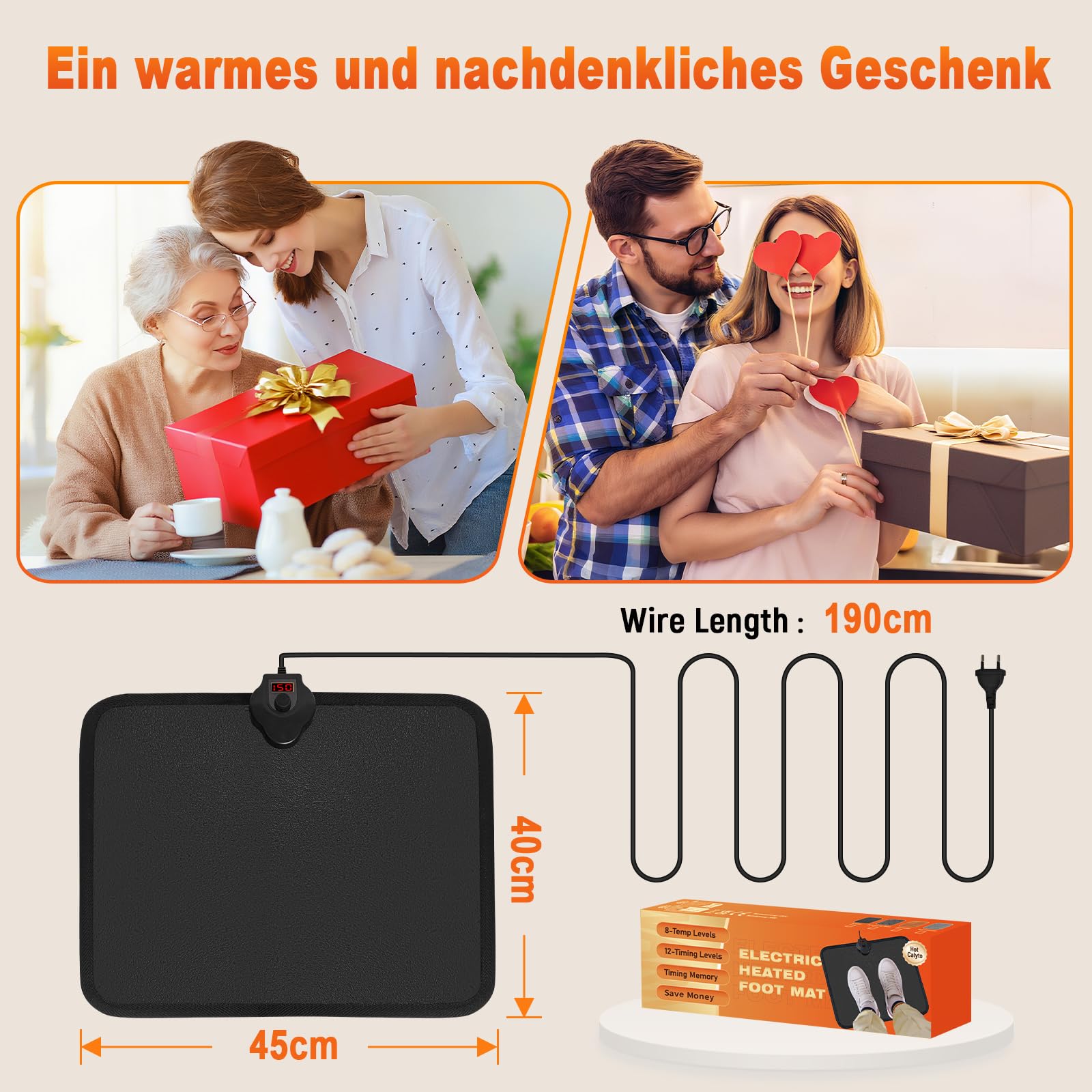 Fußwärmer Elektrisch – 230V Heizmatte Mit 1-12H Timer &7-Temp Heizstufen bis 60°C Wärmepads – 55W Fusswärmer Fußschalter & Thermostat Fussbodenheizung (Schwarz mit Muster)