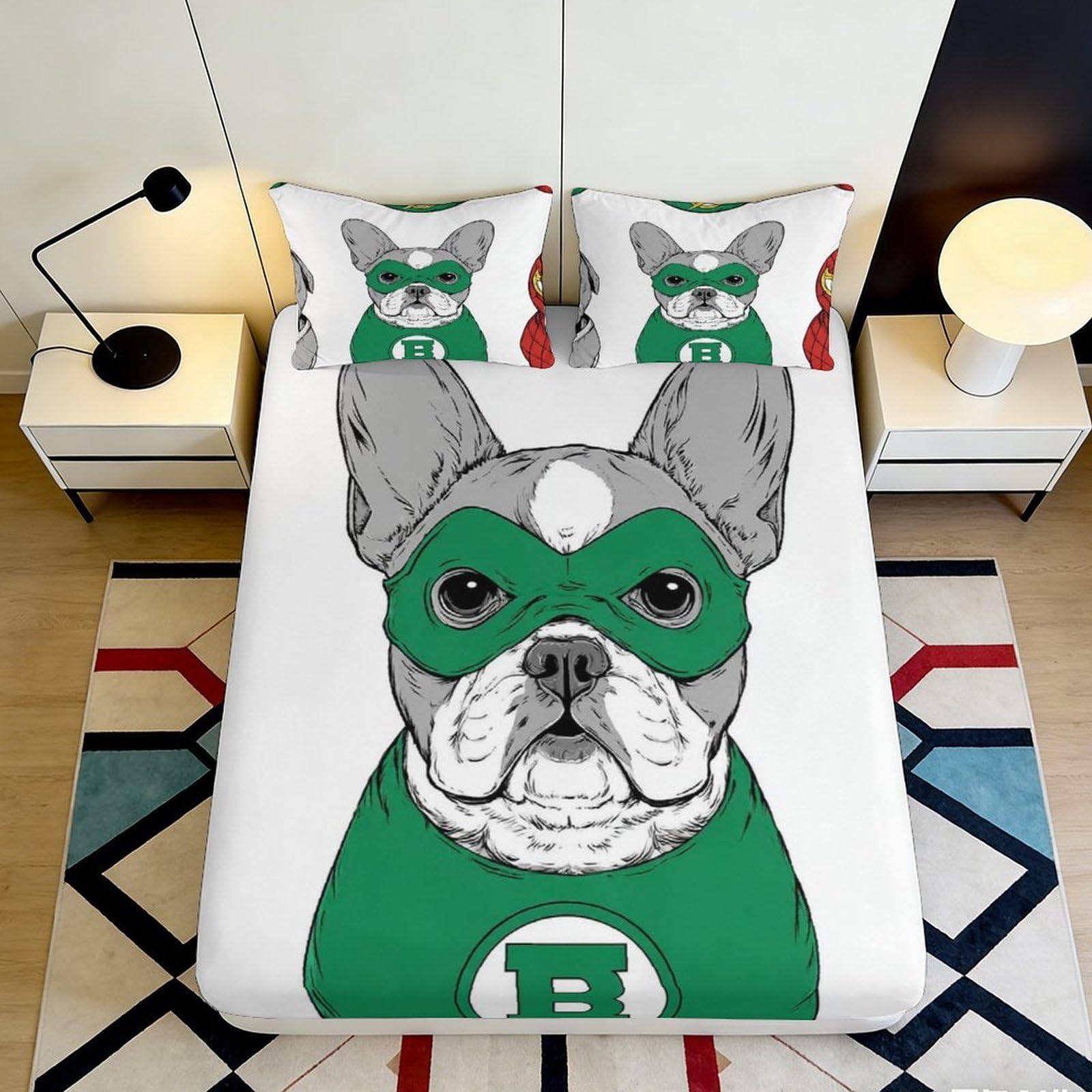 3D Printed French Bulldog Dog Fitted Sheet Microfiber Green Mask Cartoon Bed Cover Anti-Slip for Bedroom Guest Dorm Decor 90x200x25cm