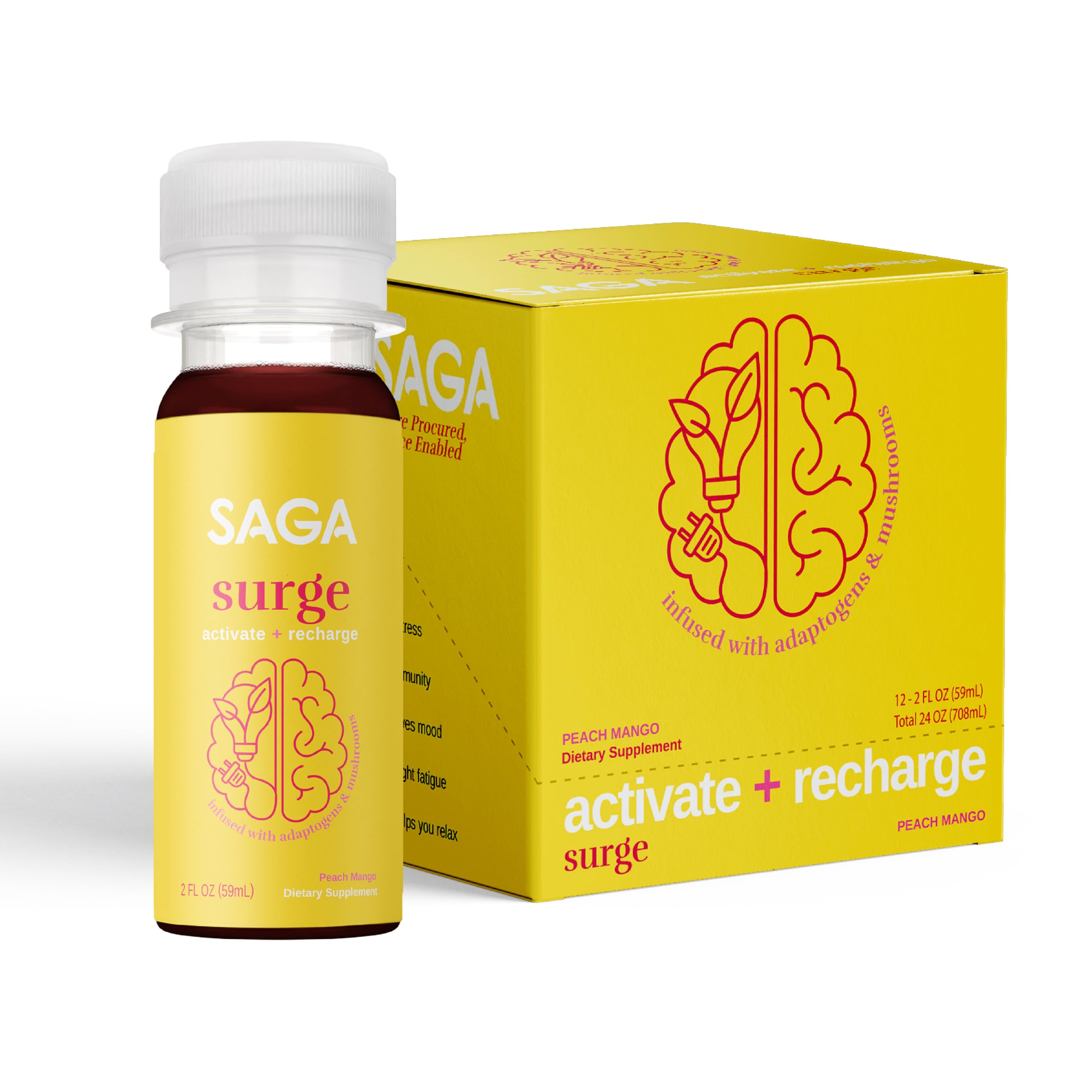 - SAGA Surge Organic Energy Shots | Performance Drink | Yerba Mate & Alpha GPC Supplement with CoQ10, Turmeric & Mushrooms | High Bioavailability & Fast Onset | Pre Workout Boost Drink for Focus, Endurance & Performance | Peach Mango 2oz Shots