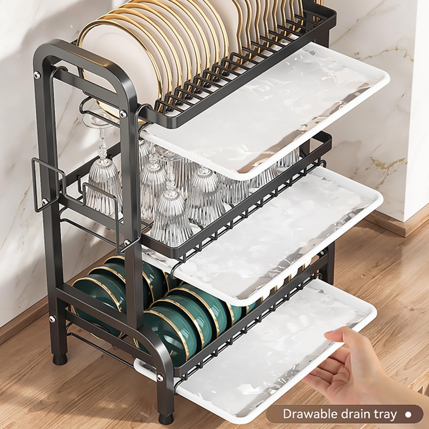 Lar - Escurridor de platos de acero inoxidable de 2 niveles con escurridor, siles y portavasos, nizer de encimera de cocina a prueba de óxido, diseño que ahorra espacio (negro, 43 x 39 cm)