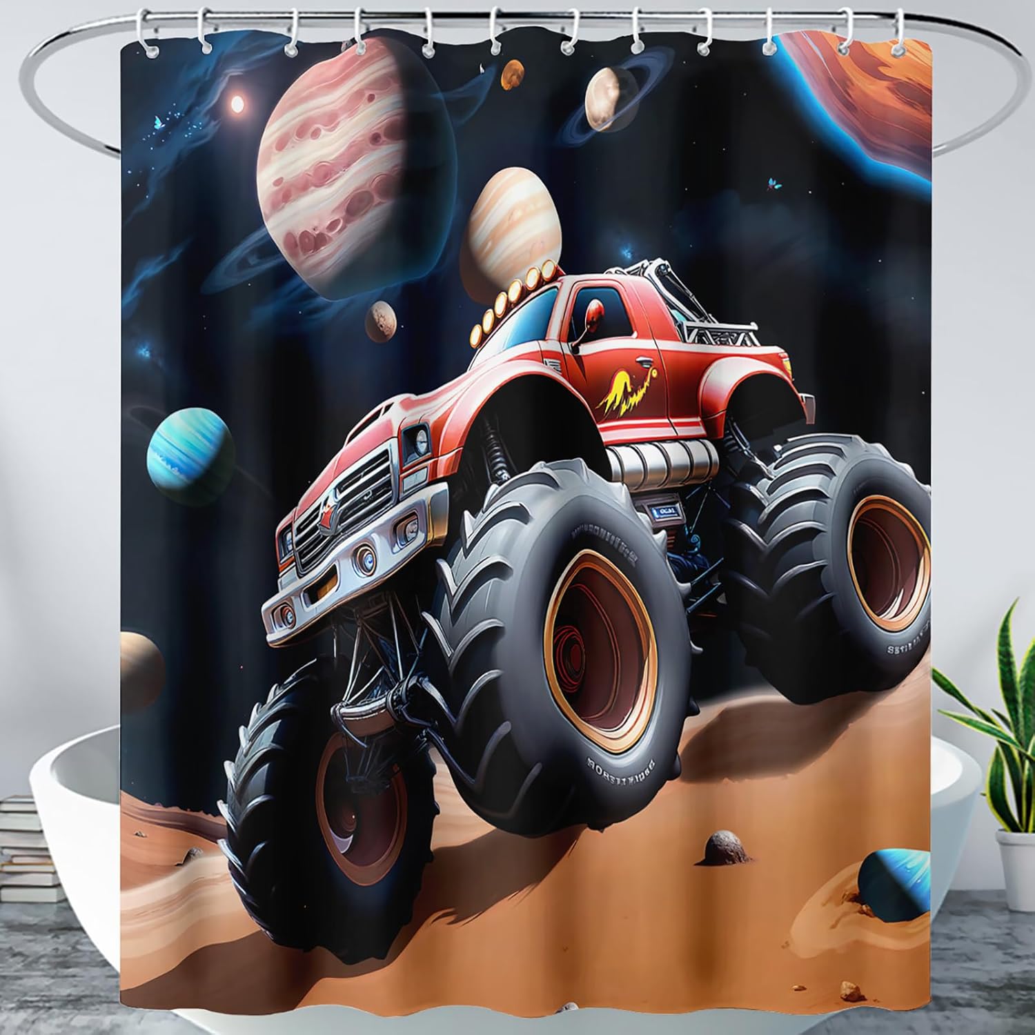 AILONEN Cartoon Truck Shower Curtain,Galaxy Monster Truck Waterproof Bath Curtain for Boys Kids,Space Theme Planets Bathroom Decor + Plastic Hooks, 72" W x 72" H