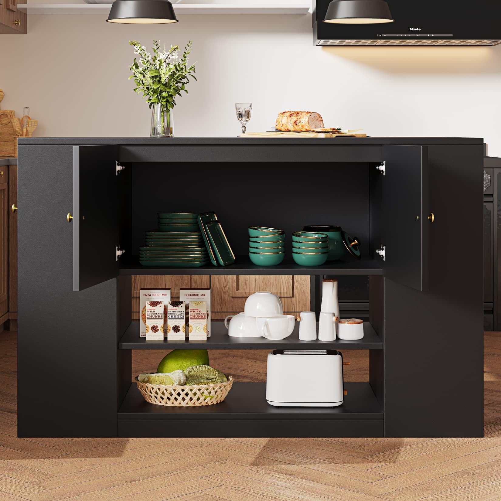 PUGSDRLY Îlot de Cuisine Moderne avec Plateau de Table Pliable,Buffet Meubles de Rangement pour Cuisine et Salle à Manger,3 Portes,2 Tiroirs et Compartiment Ouvert,140x40/70x90cm,Noir