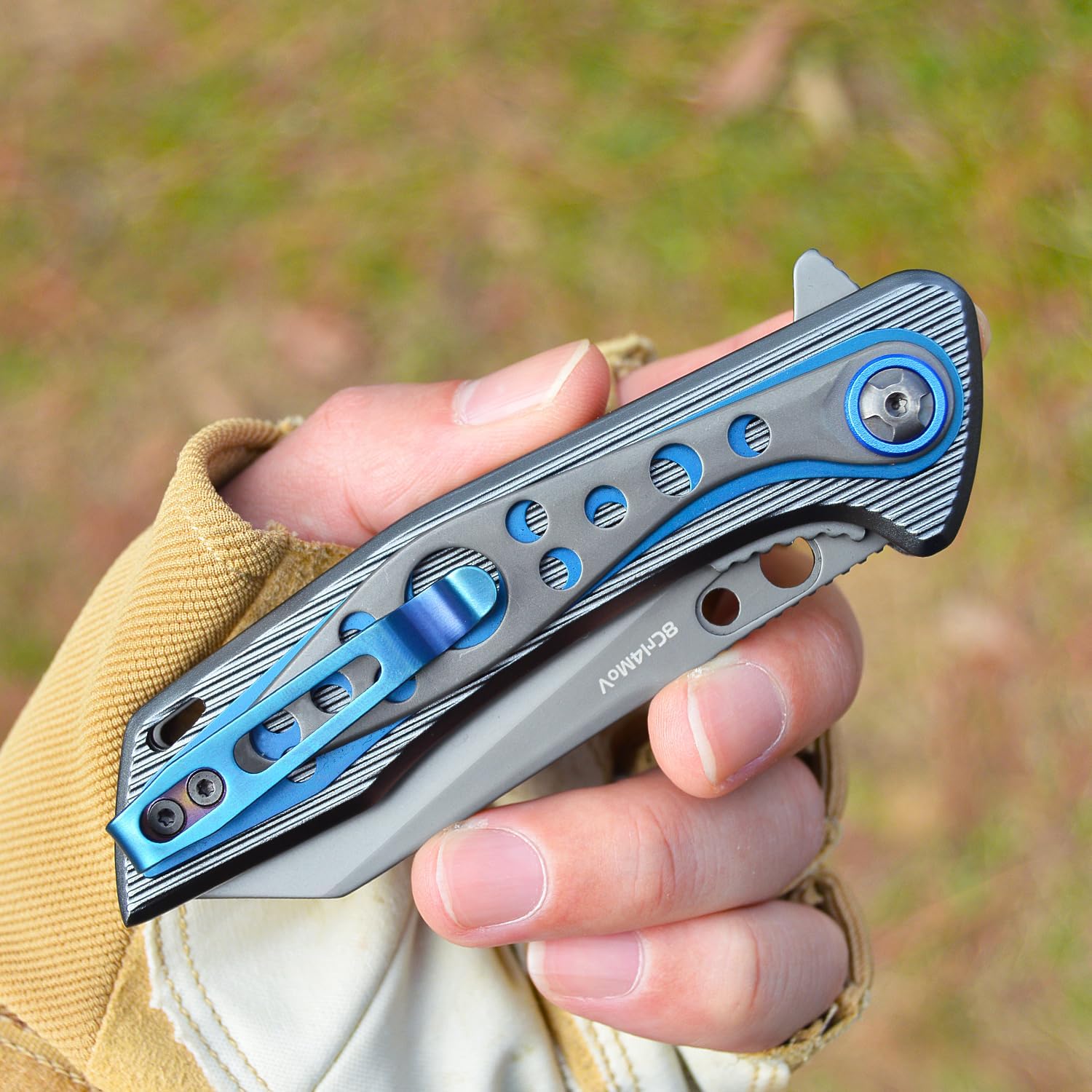 Folding Knife with 8Cr14MoV Blade Camping Pocket Knife With Aluminum and Steel Handle Hunting Knife with 2-Position Pocket Clip