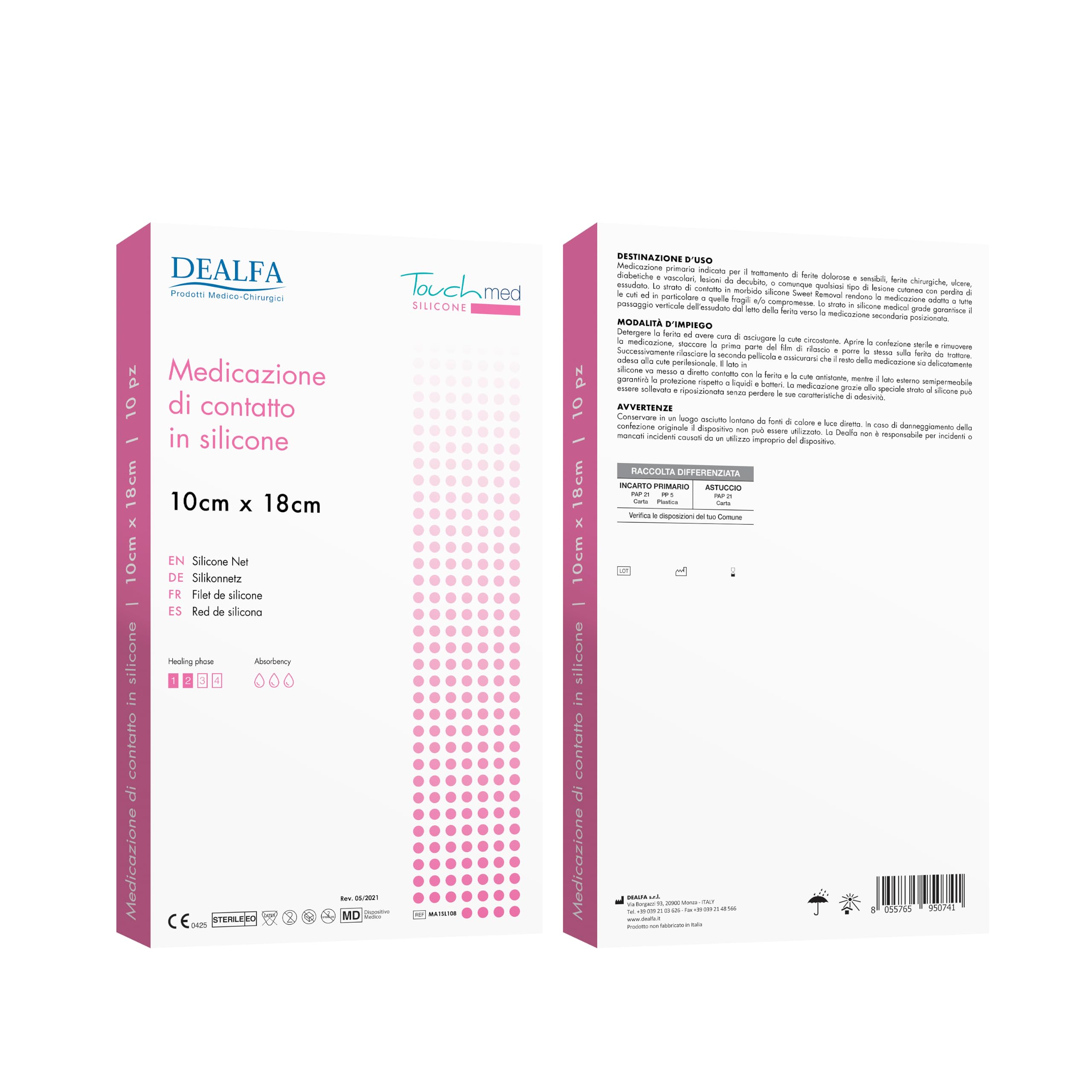 TOUCHMED Medicazione di Contatto in Silicone - 10x18 cm - Medicazione Sterile, Sottile, Morbida, Porosa, Traspirante - Monouso - Confezione da 10 Buste