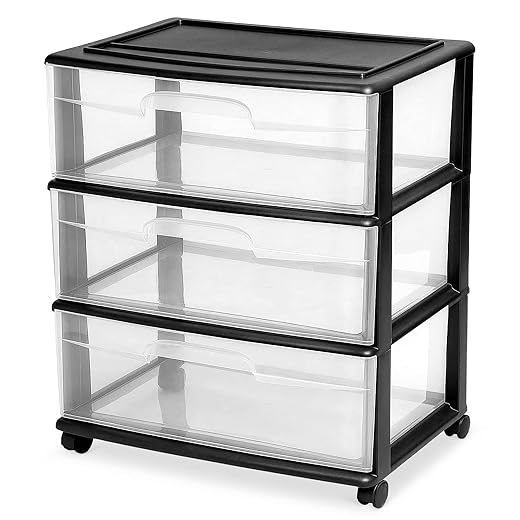 Homz Heavy Duty 3 Durable Clear Plastic Drawers Tall Wide Rolling Storage Cart with 4 Wheels for Home, Dorm, Office, and Classroom Organization, Black
