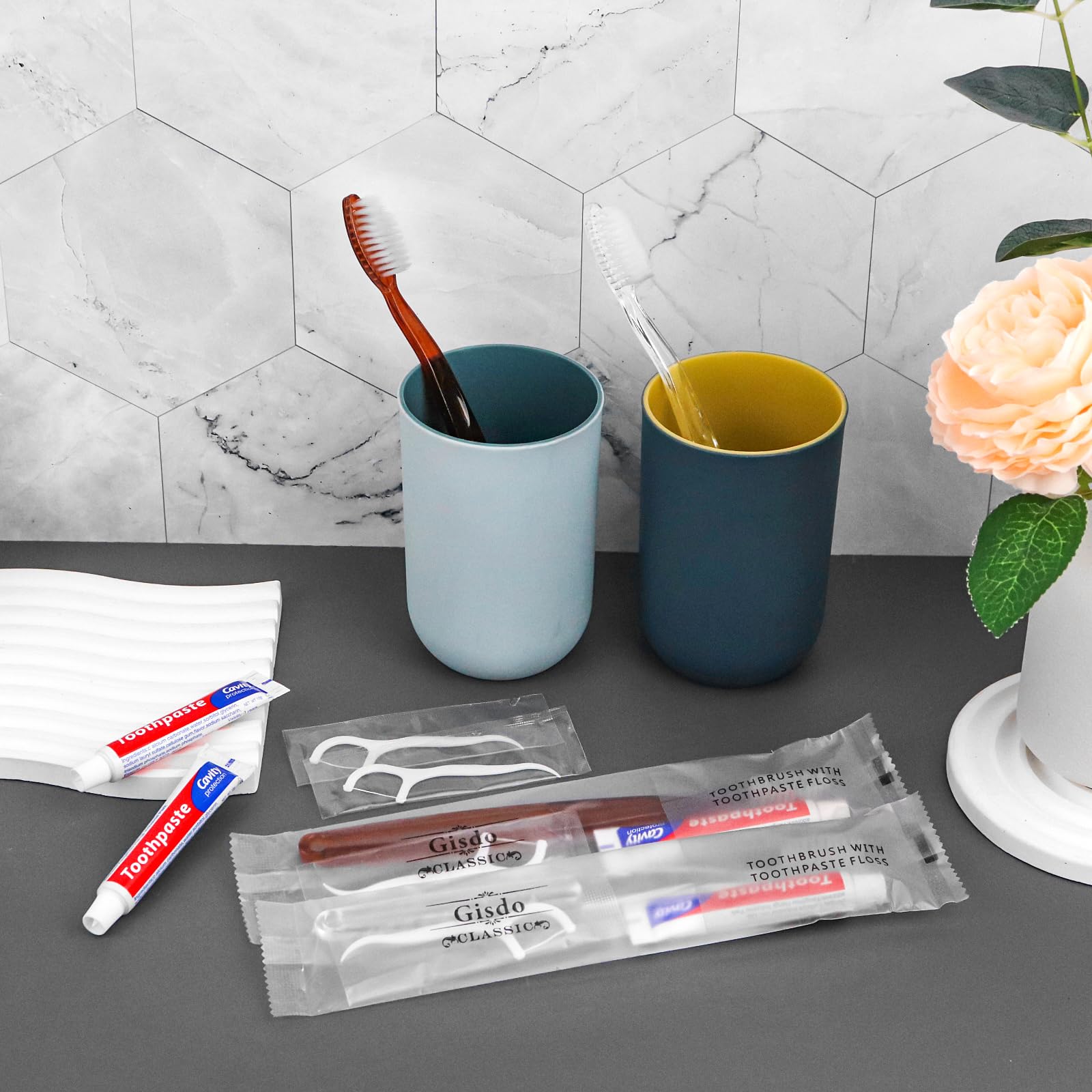 100 spazzolini da denti usa e getta con filo interdentale | Confezione individuale, kit da viaggio in 2 colori, per senzatetto, Airbnb, hotel, ospiti