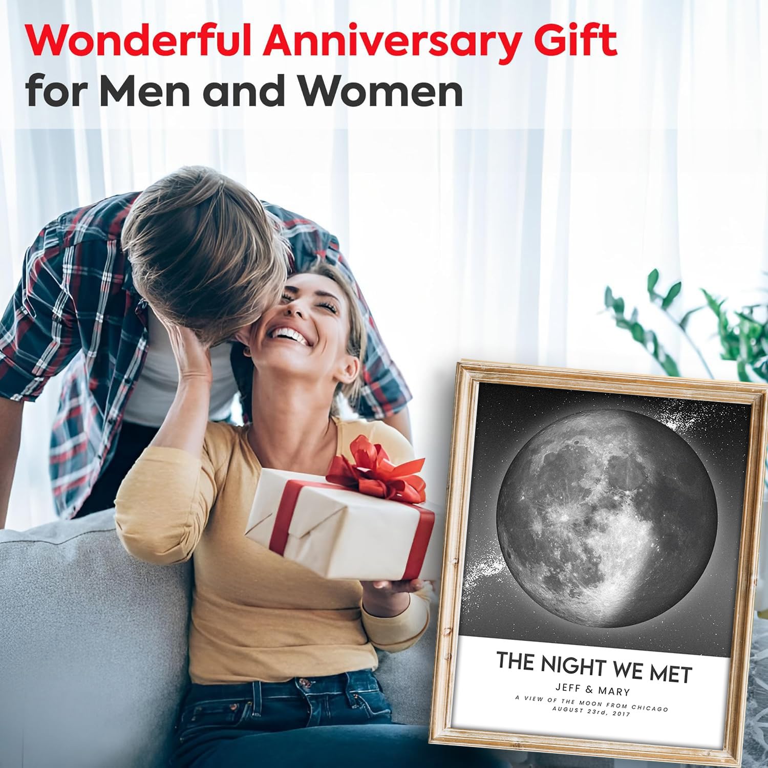 DREAM BIG PRINTABLES Custom Moon Phase Gift for Specific Date | Romantic Gifts for Her | Gifts for Husband | Personalized Night Sky | Paper Anniversary | Grey with Polaroid Border & Back Glow