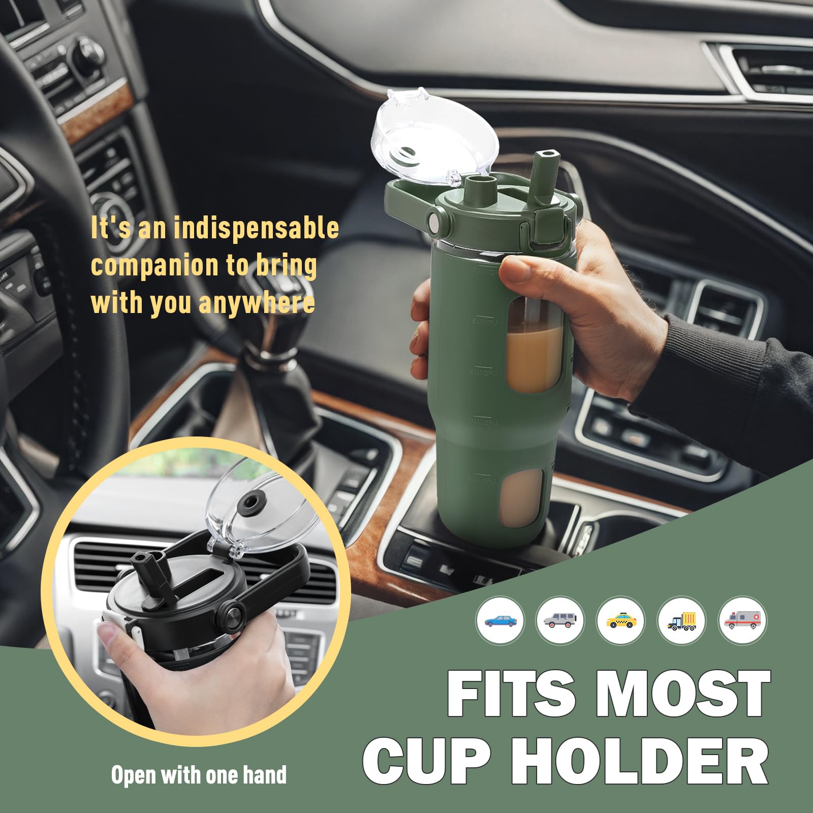 BLUEGO 960ml Bottiglie d'acqua in vetro con cannuccia e indicatore del tempo Bottiglia d'acqua sportiva grande con custodia in silicone 0,96 litri Brocca d'acqua in vetro per palestra, Oliva 00,96