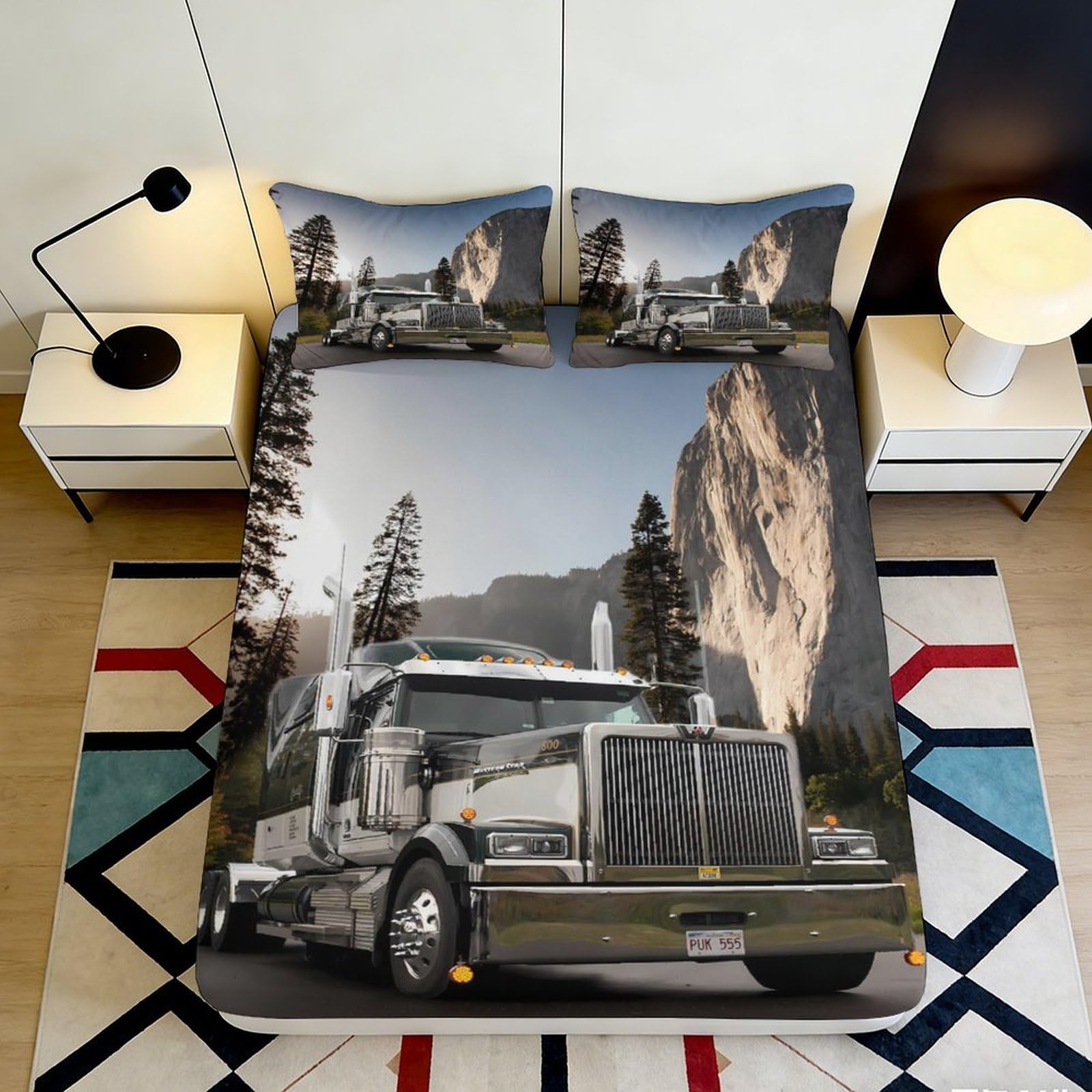 Pnayamiorkfel Style-8 3D Printed Mountain Truck Fitted Sheet Microfiber Decor Forest Road Bed Cover For Bedroom Guest Room Easy Care 90X200x25cm