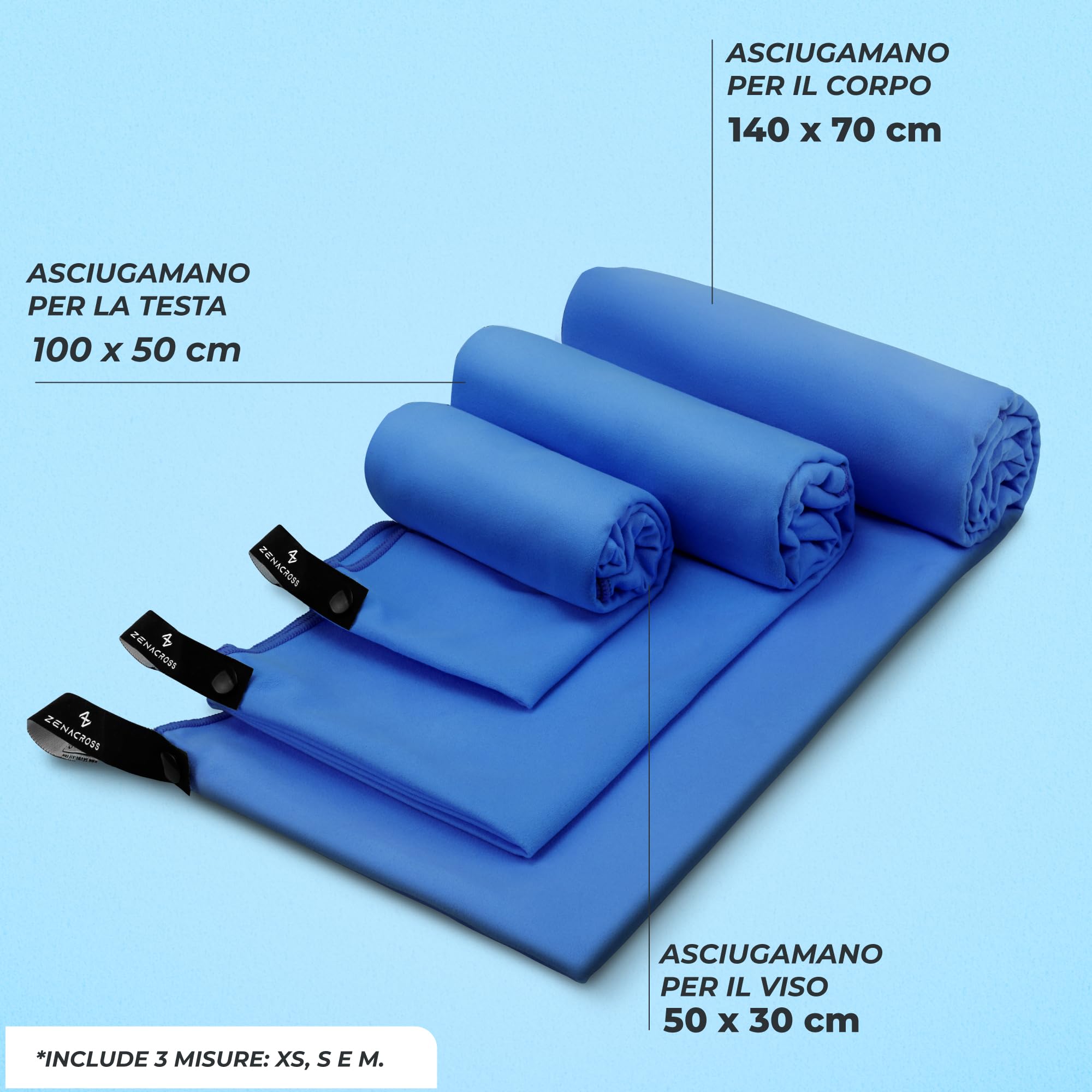 Zenacross Asciugamano Palestra Set di 3 con Borsa per il Trasporto - Asciugamano Microfibra a Rapida Asciugatura e Versatile - Telo Palestra Taglie XS, S, M - Blu