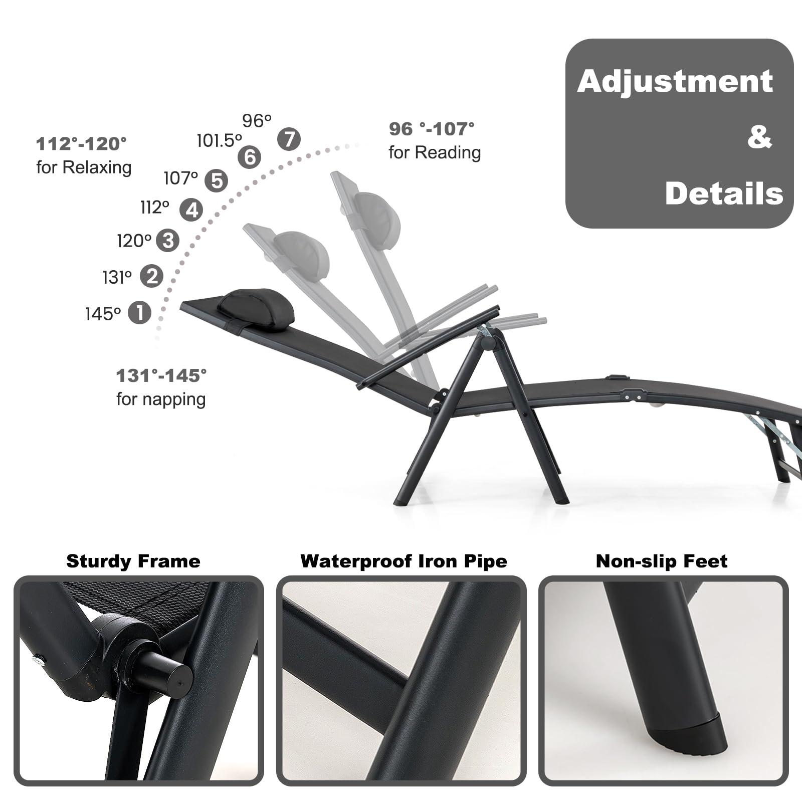 KOMFOTTEU Sedia a sdraio con poggiatesta, lettino pieghevole con schienale regolabile in 7 posizioni, carico 150 kg, sedia da esterno ergonomica con braccioli, 142 x 61 x 103 cm (nero)