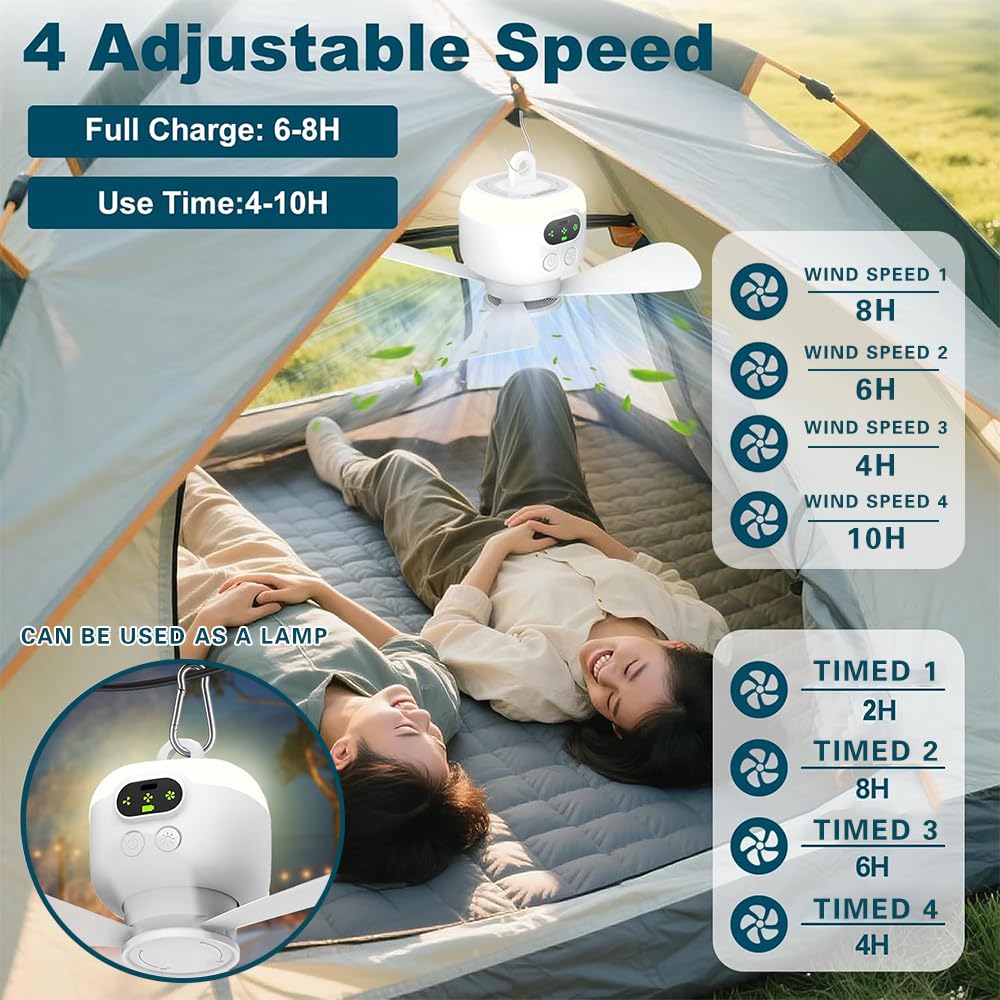 Lámpara Ventilador Techo con Mando a Distancia, Ventilador de Techo con Luz, USB Recargable Lámpara Ventilador con Velocidades, Temporizador, Ventilador de Camping con Linterna LED