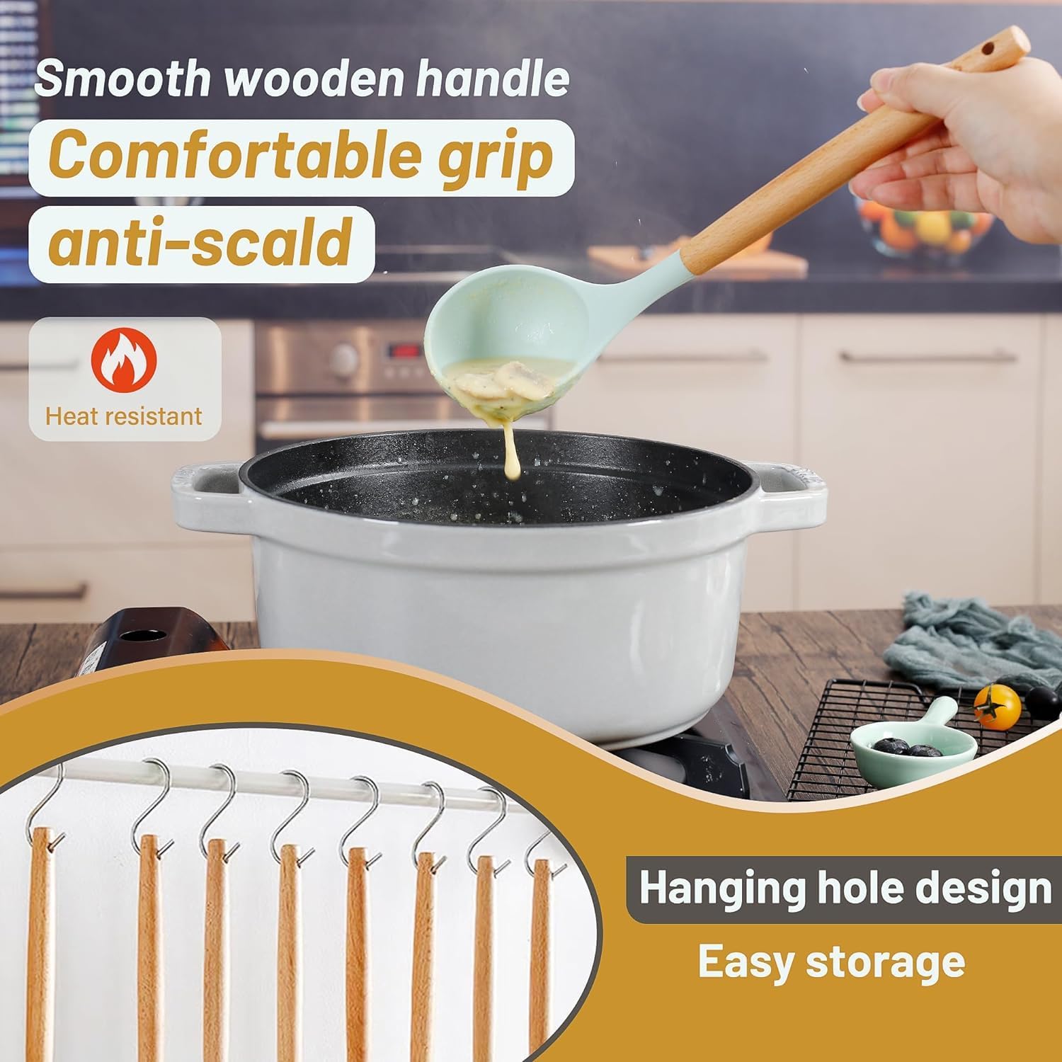 JUGTE - Juego de 12 espátulas de silicona antiadherentes, mango de madera de aislamiento resistente, accesorios de cocina para cocinar con espátula (verde)