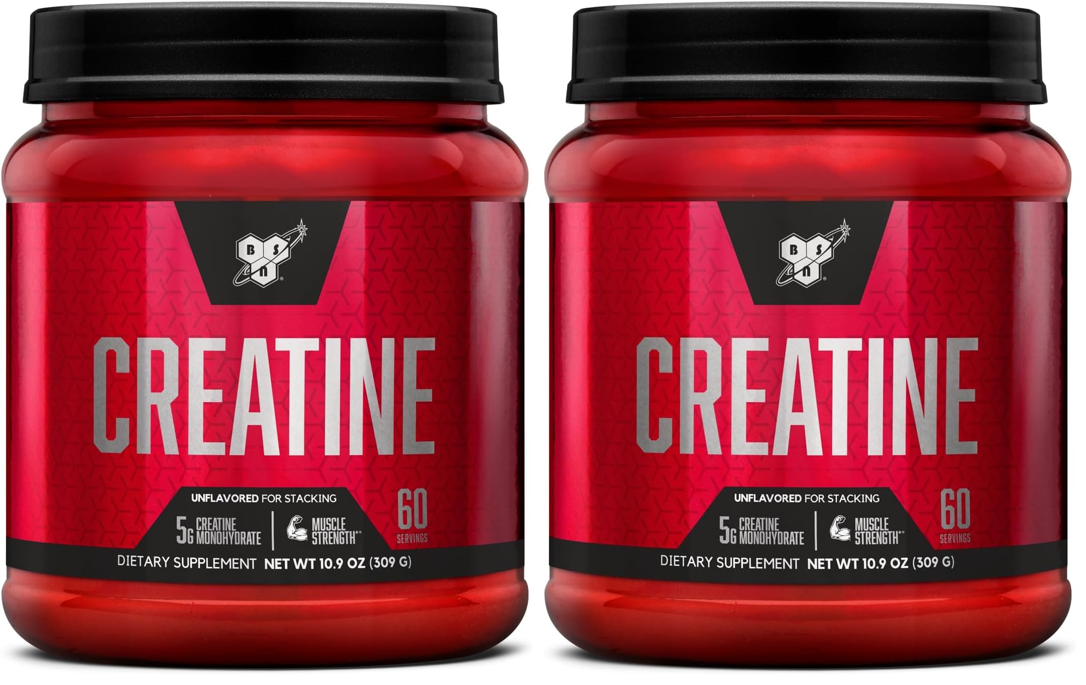 BSN Micronized Creatine Monohydrate Powder, Unflavored Creatine Powder, Micronized, Supports Muscle Building, Supports Muscle Strength, Gym Supplement, 5g per Serving, 5000mg per Servings, 60 Servings 10.9 Ounce (Pack of 2)