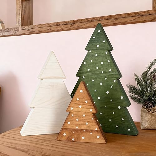 Miniatura 6 de DAZONGE Decoración de Navidad, juego de 3 letreros de madera para decoración de árbol de Navidad, árbol de Navidad neutro independiente para el