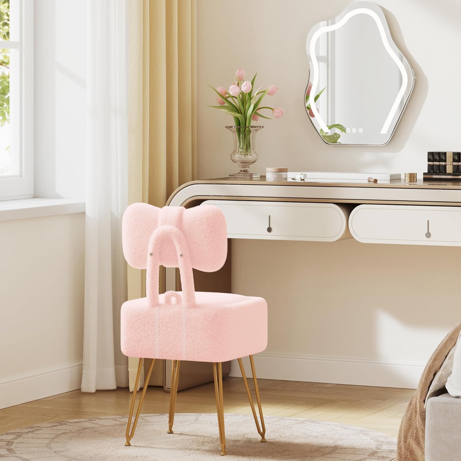 Small Vanity Stool Chair with Storage and Foldable Back, Pink | Soft Storage Ottoman, Footrest Stool, Teddy Fleece Vanity Stool for Makeup, Bedroom, Living Room