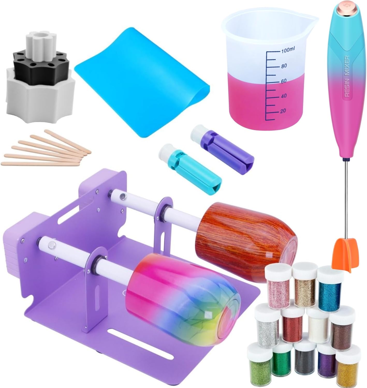 Double 2X Cup Turner for Crafts Tumblers,Electric Epoxy Resin Mixer,Cup Spinner Machine Kit Glitter Powder,Cup Drying Rack for Crafts Epoxy Resin Glitter Tumbler(Double-Purple)