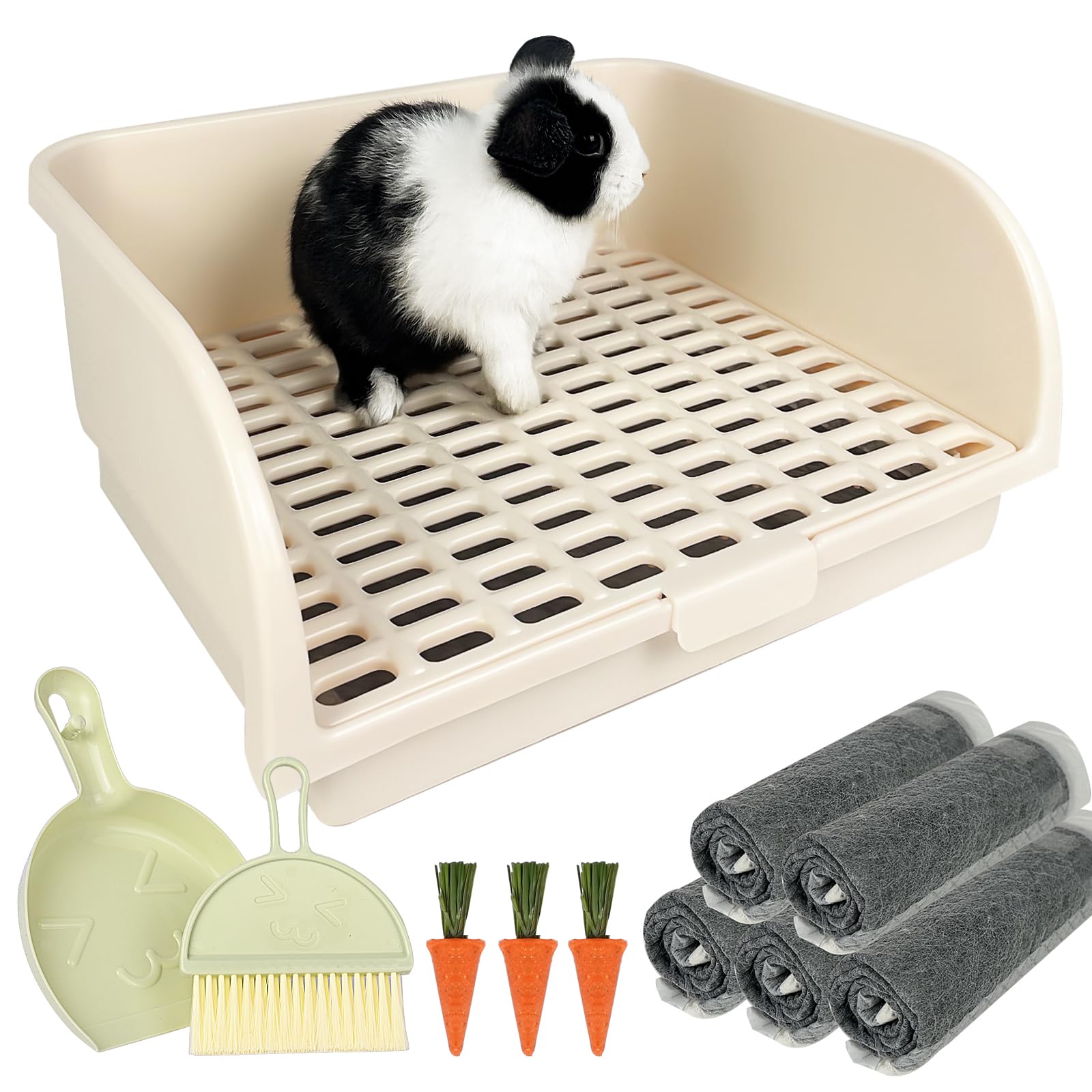Rabbit Litter Box for Cage with Grate, Large Rabbit Litter Pan for Bunny, Ferret, Guinea Pig, Chinchilla, Easy Clean Small Animal Potty Tray for Toilet Training (Cream)