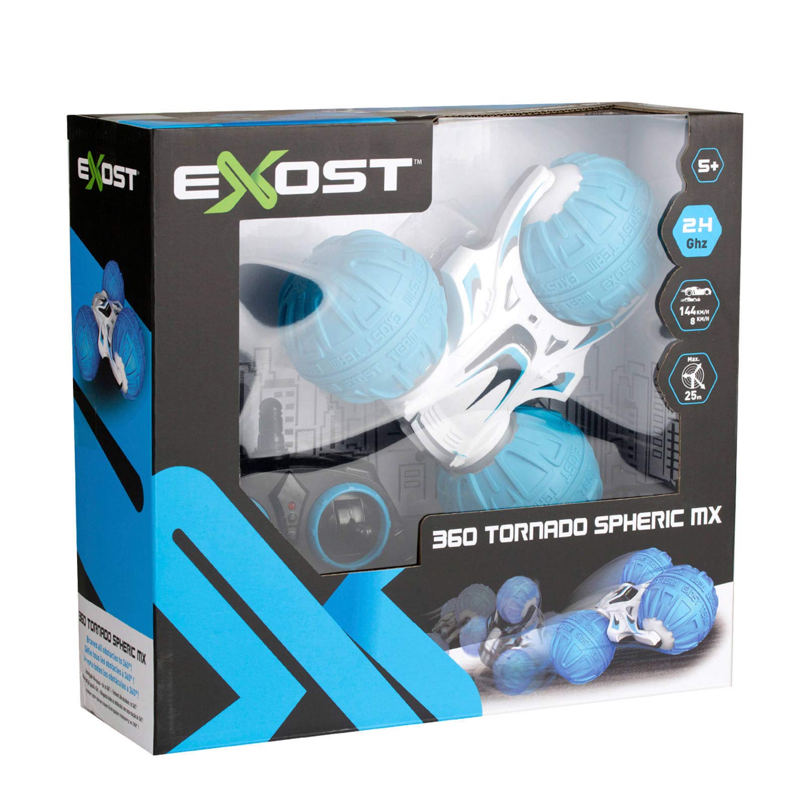 EXOST - Coche teledirigido - 360 Tornado Spheric Medium - Neumáticos antigolpes - Conducción sobre 2 Caras y a 360° - Azul - Escala : 1:18