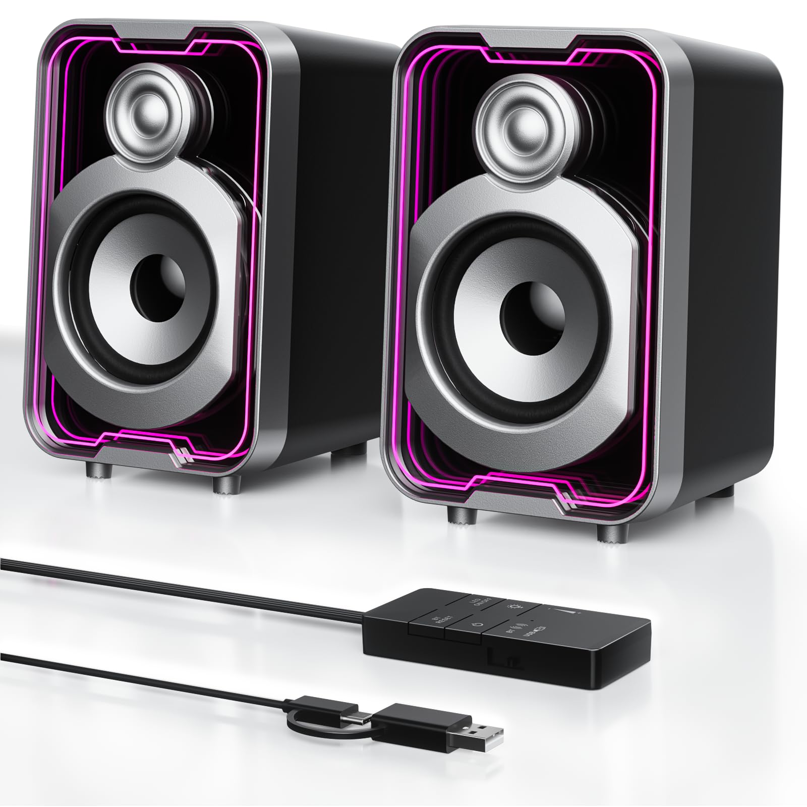 SOULION C40 PC Lautsprecher USB Bluetooth für Laptop, Monitor, Gaming, Desktop Computer Stereo-2.0 Boxen mit LED, USB-C-Eingang, Spiegelpaneel-Design, 1 Paar