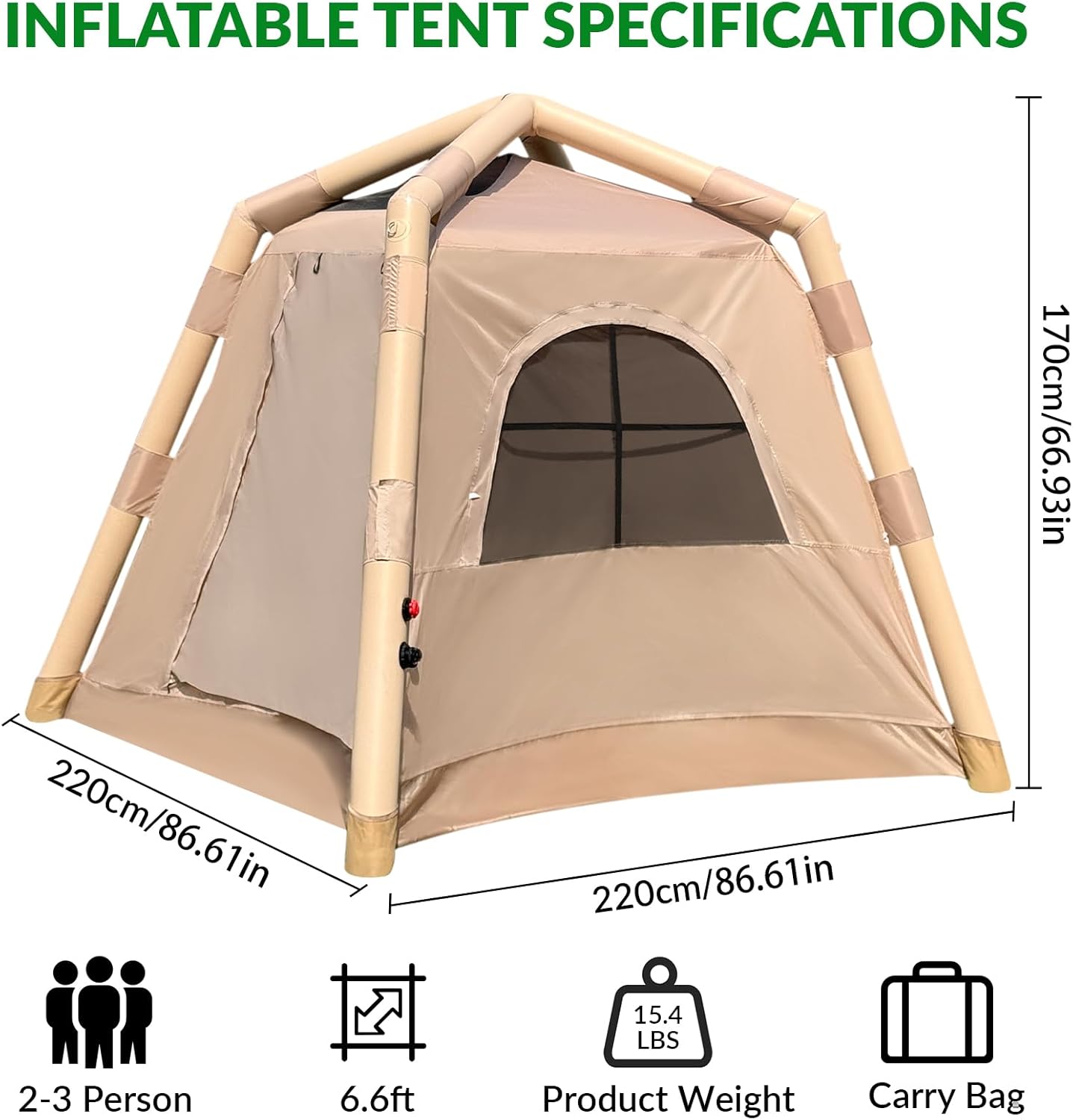 JUST-V Inflatable Camping Tent Waterproof Oxford Air Glamping Tents for Camping Adult 2-4 Person Outdoor Air Blow Up Tent with Hand Pump