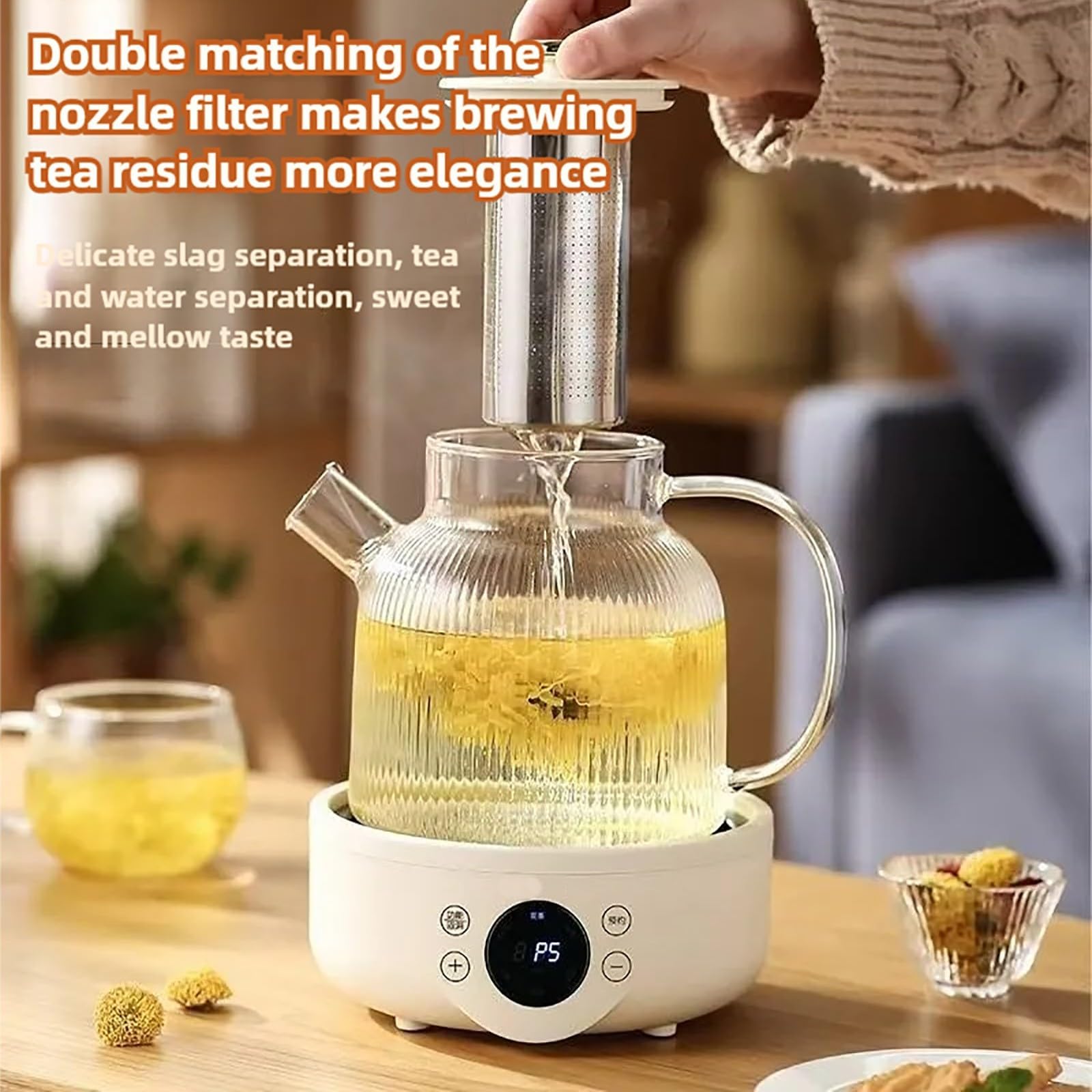 Théière électrique 6 fonctions, réservation 12h, chauffage à 360° pour une infusion parfaite