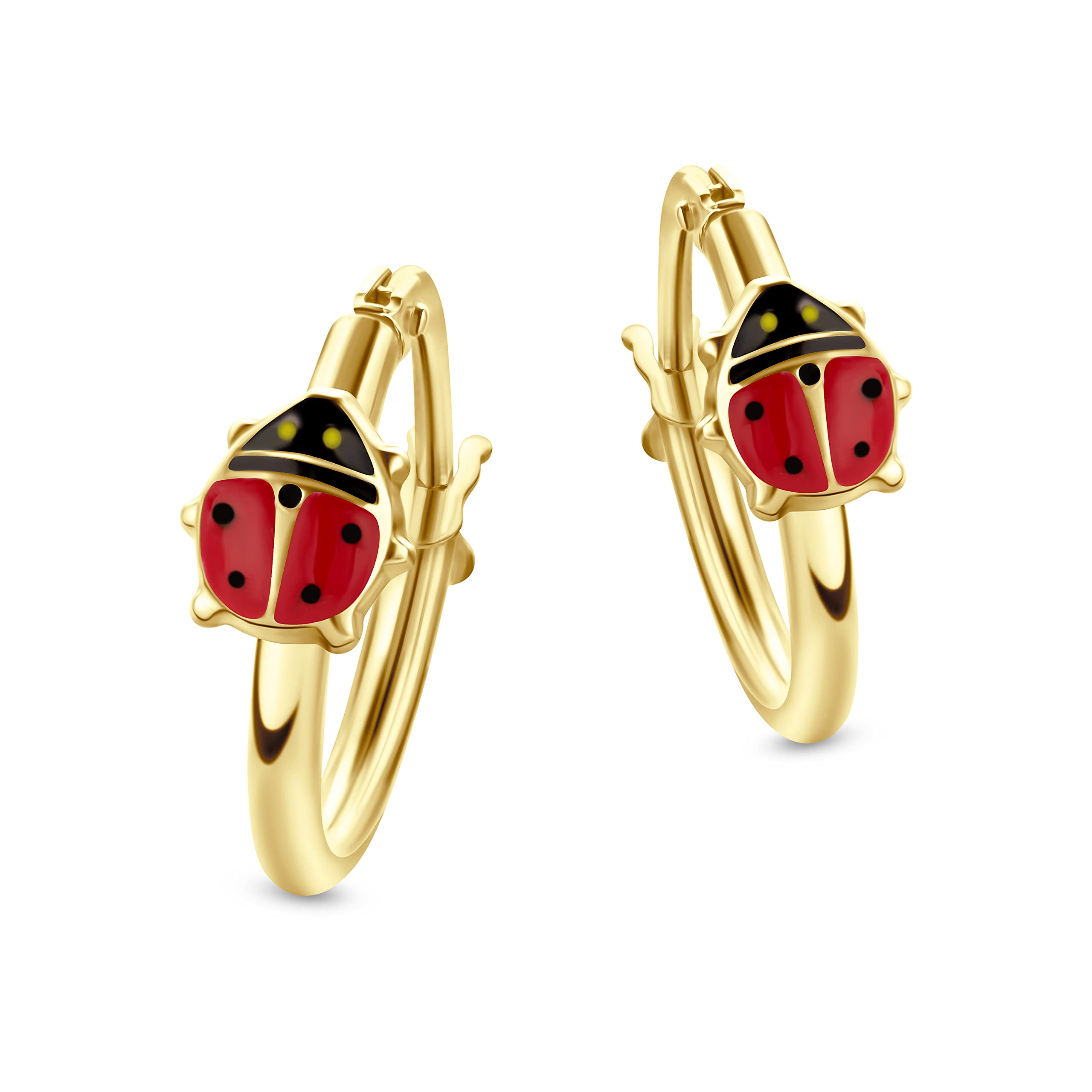 Miore Pendientes de aro Mariquita para niños en oro amarillo de 9 quilates 375 de 14 mm, dorado, esmalte., Dorado, Esmalte