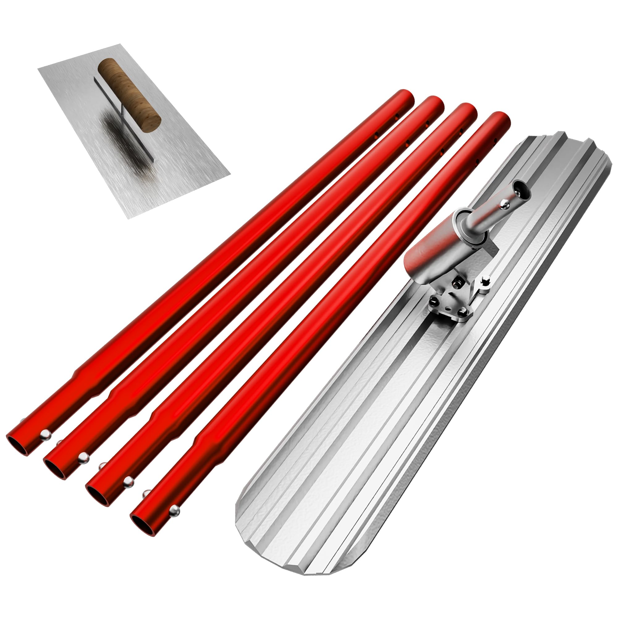 Concrete Bull Float with Trowel, Aluminium Alloy Concrete Finishing Tool, Adjustable Bracket & 4 Float Handles, Professional Concrete Smoothing Tool for Construction Flooring (Red)