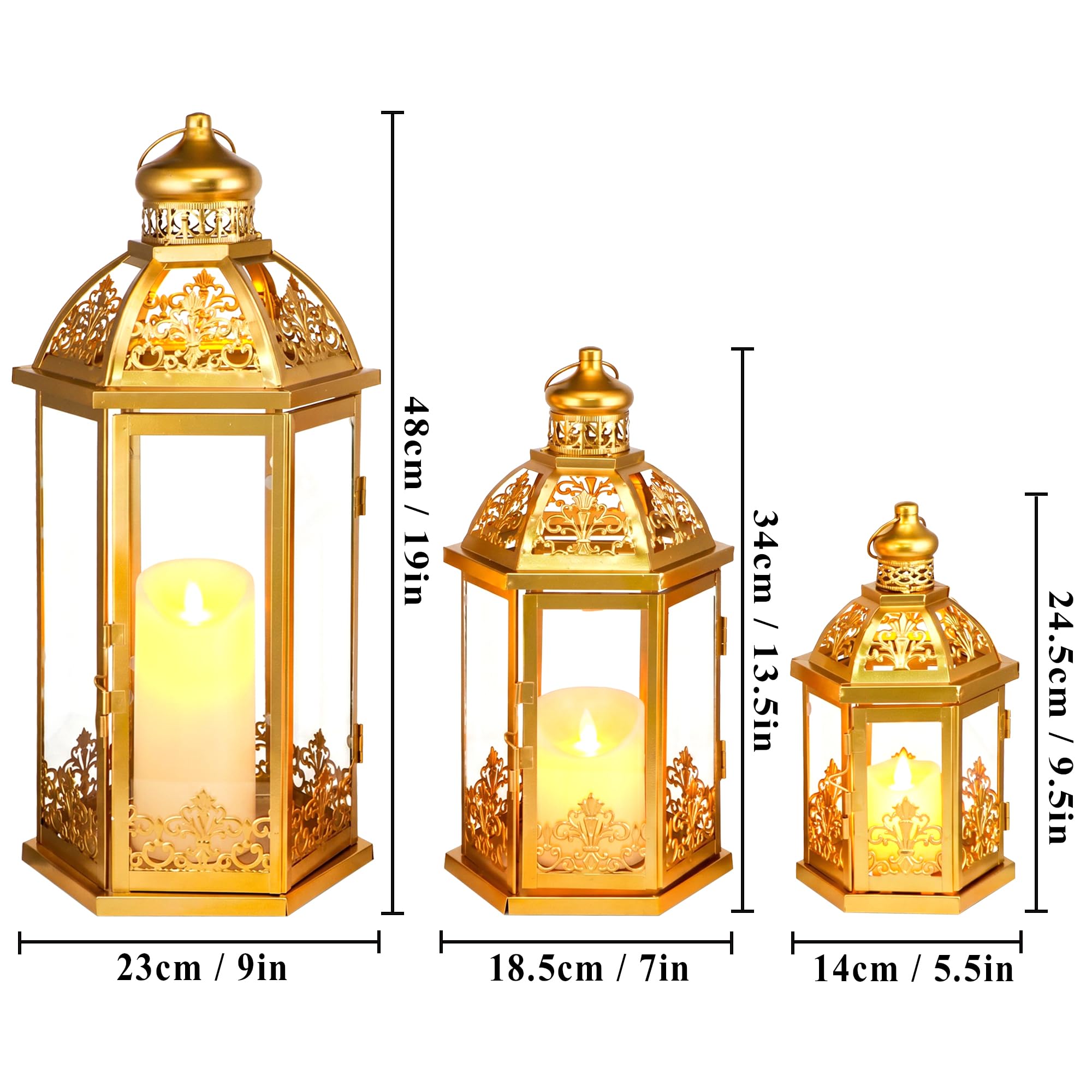 TRIROCKS Duży zestaw 3 dekoracyjnych lampionów, 40 cm, 33,5 cm, wys. 24 cm, wisząca latarnia vintage, metalowy świecznik ze szkłem hartowanym, do wewnątrz, na zewnątrz, dekoracja domu, na imprezy, do