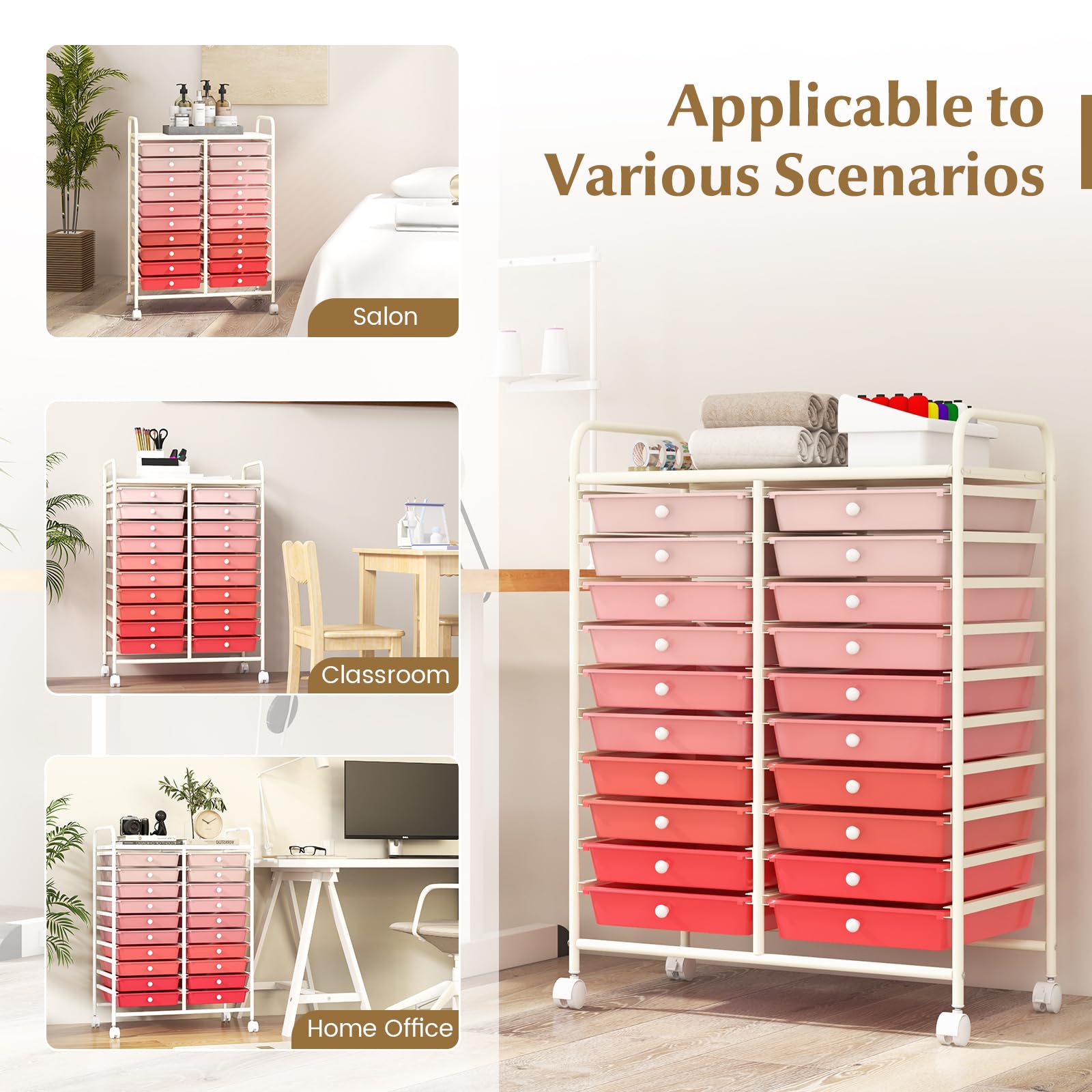 GIANTEX Carrello con 20 cassetti, impilabile, per cassetti, da cucina, bagno, ufficio, 64 x 39 x 88 cm (rosso + rosa)