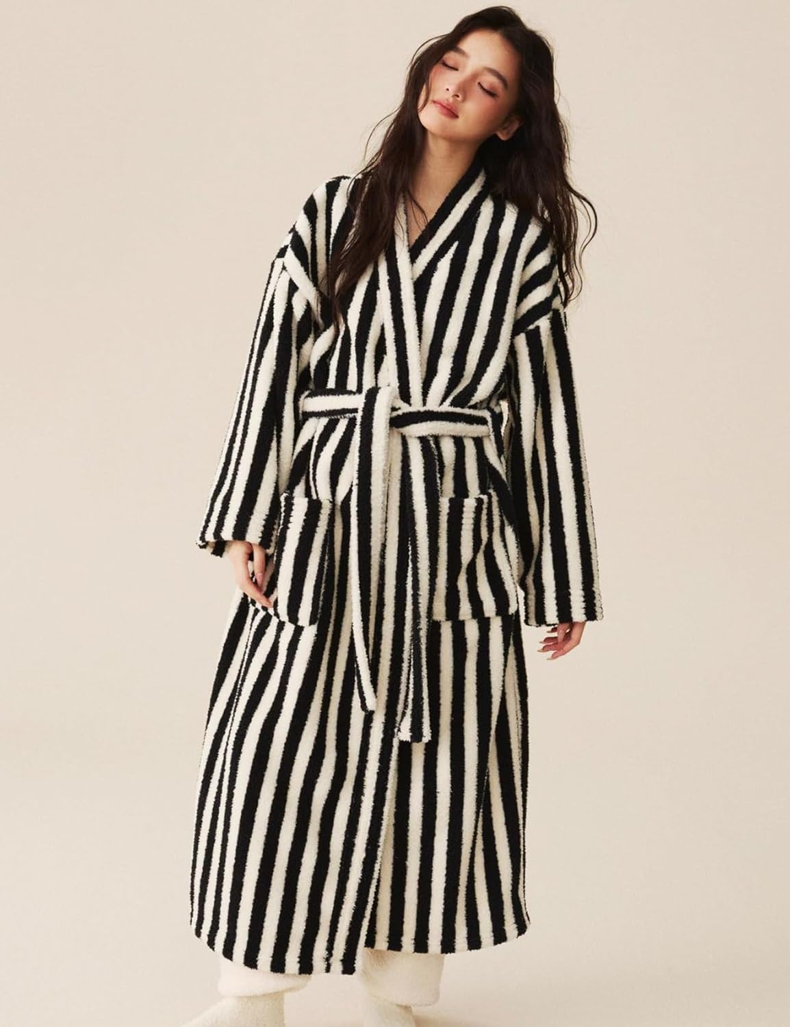 Arssm Womens Striped Fluffy Robe Long Plush Bathrobes Fuzzy Warm Cozy Thick Loungewear Maxi Robe - Image 6