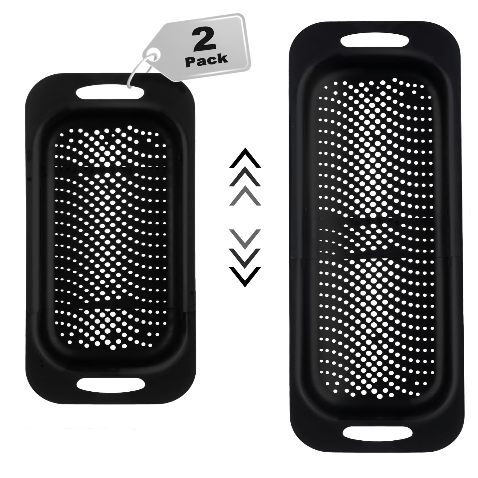 Gymdin 2 Pack Extendable Over Sink Colander Basket, Sink Colander to Wash Vegetables & Fruits, Strainers to Drain Dishes, Non BPA Sink Colanders (6.77"W x 14.57"-19.5"L x 3.15"H), Black