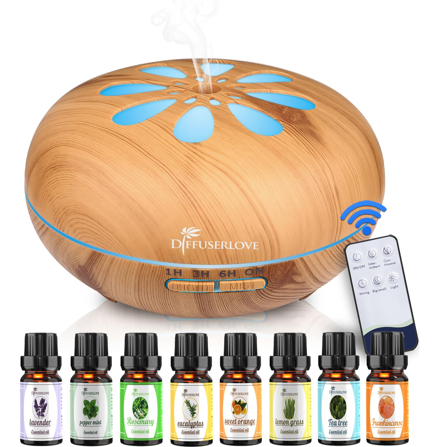 550ML Essential Oil Diffuser Humidifiers Wood Grain Cool Mist Humidifiers Ultrasonic Remote Control Aroma Diffusers for Home Bedroom Yoga Office Spa