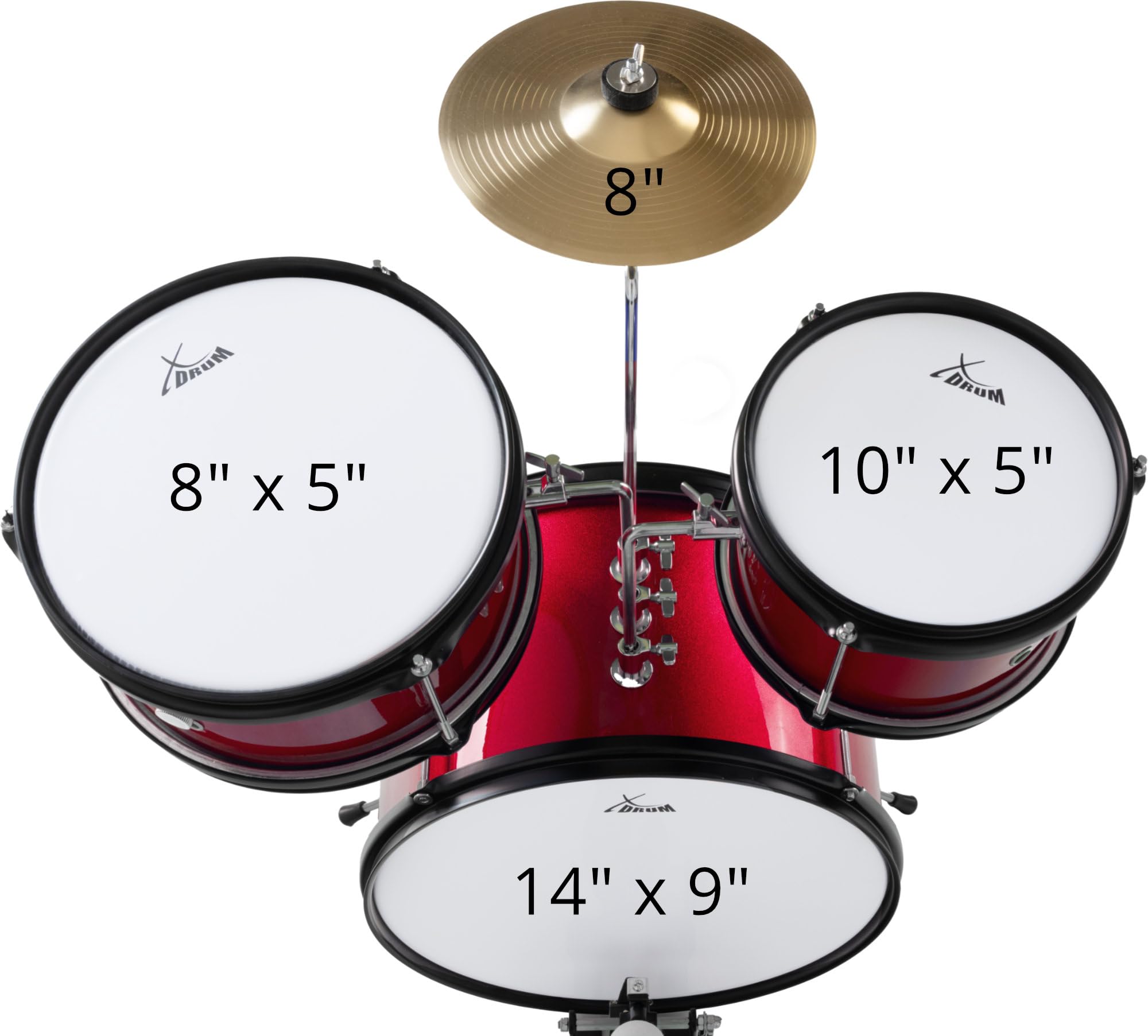 XDrum Junior KIDS Schlagzeug inkl. Schule - Kompaktes Kinderschlagzeug - Für Kinder im Alter von 3-5 Jahren - Kinderleichter Aufbau - Mit Schule, Hocker, Drumsticks & Stimmschlüssel - Rot