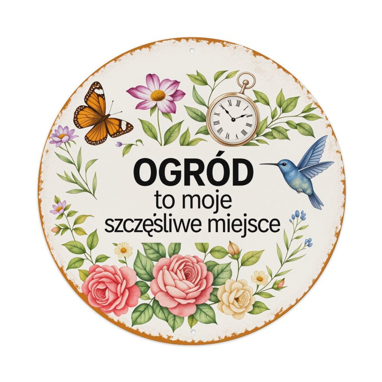 Floral Garden Clock Butterfly Bird Round Tin Sign Vintage Style Metal Sign Home Bar Garden Wall Plaque Decor Metal Poster 8x8 Inch