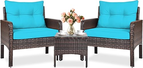 KOTEK Juego de muebles de patio de 3 piezas, juego de bistró de mimbre para exteriores con 4 cojines, juego de muebles de ratán de polietileno para KOTEK Juego de muebles de patio de 3 piezas, juego de bistró de mimbre para exteriores con 4 cojines, juego de muebles de ratán de polietileno para