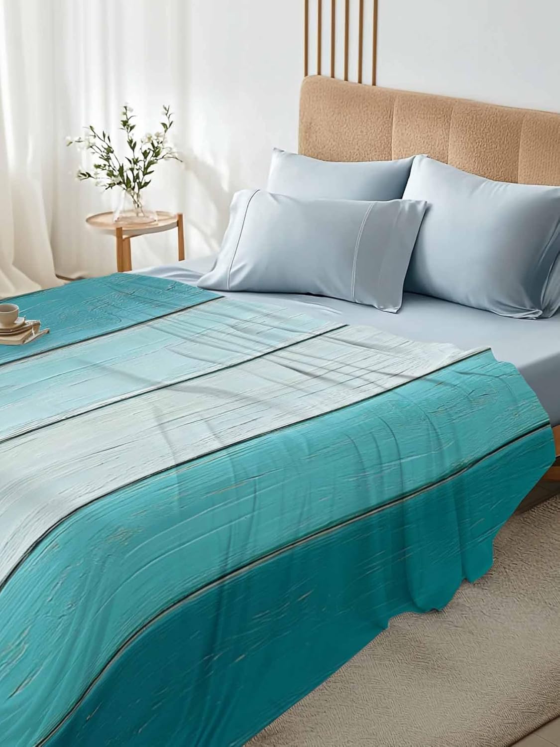 Top Sheet Full Bedding Flat Sheet Only, Farm Vintage Green Gradient Wood Grain Microfiber Bed Sheets Soft Breathable Bedding Flat Sheets, Retro Wood Board Hotel Luxury Top Sheets