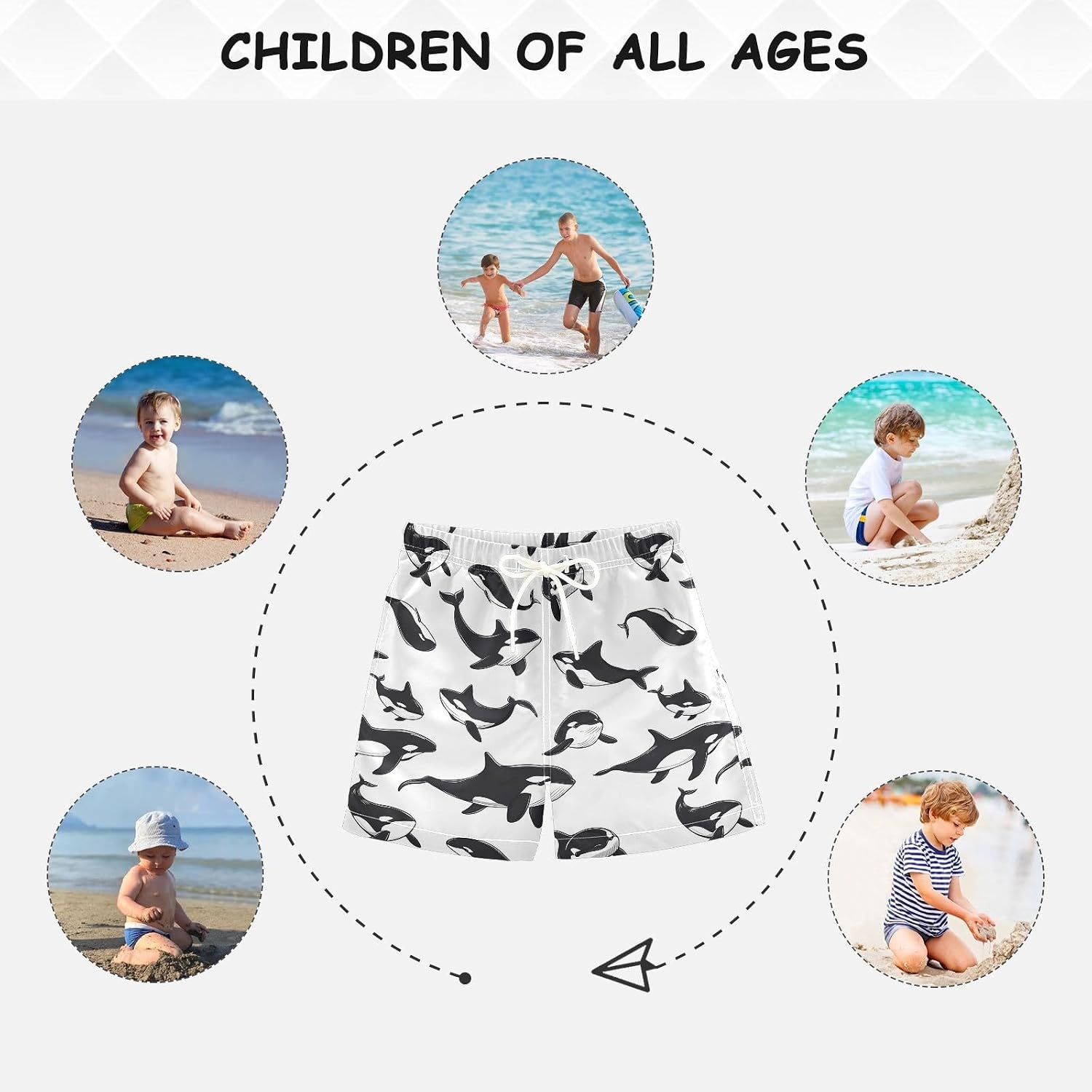 visesunny Orca Pattern Boys Swim Trunks Quick Dry Drawsting Boy's Beach Shorts Boy Bathing Suit with Pockets