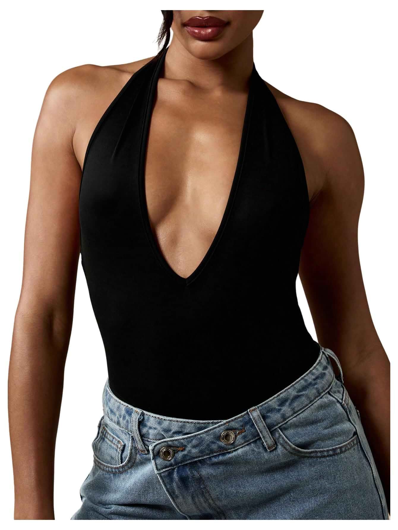 Milumia Women's Y2k Deep V Neck Halter Bodysuit Low Cut,Sleeveless,Open Back,Going Out,Party Clubbing Outfits, Leotard,One Piece,Sexy Outfits