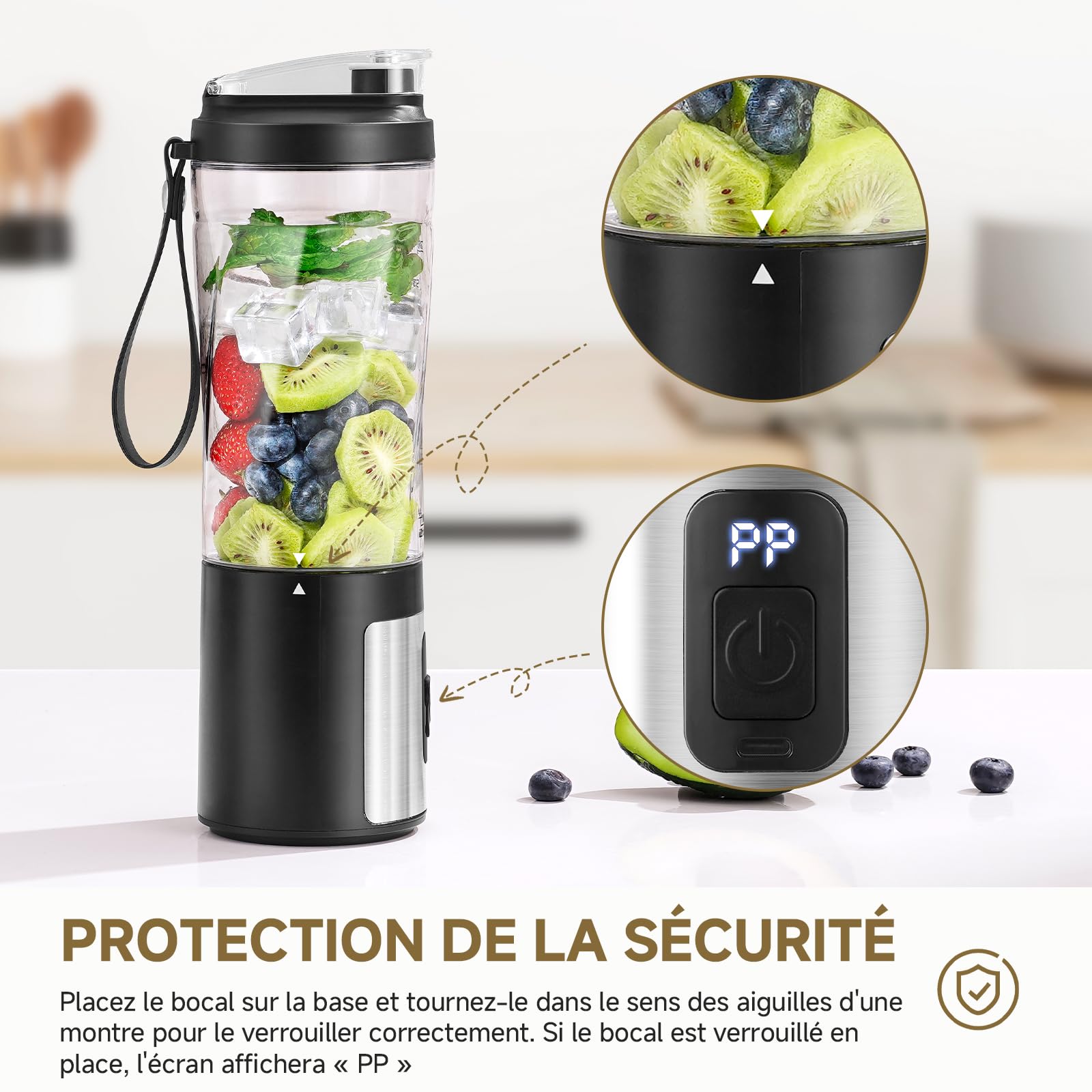 AMZCHEF Mixeur portable 600 ml – Machine à smoothie avec 6 lames, moteur 120 W, charge rapide via USB-C, étanche IPX6, sans BPA, mini mixeur pour shakes, smoothies, poudre de protéines