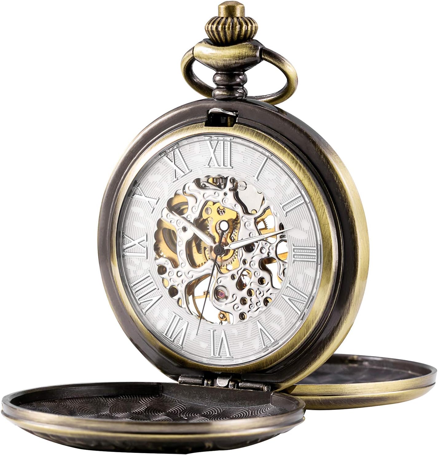 Men's Mechanical Skeleton Pocket Watch for Mens Women Blue Roman Numerals Dial Double Case Pocket Watches