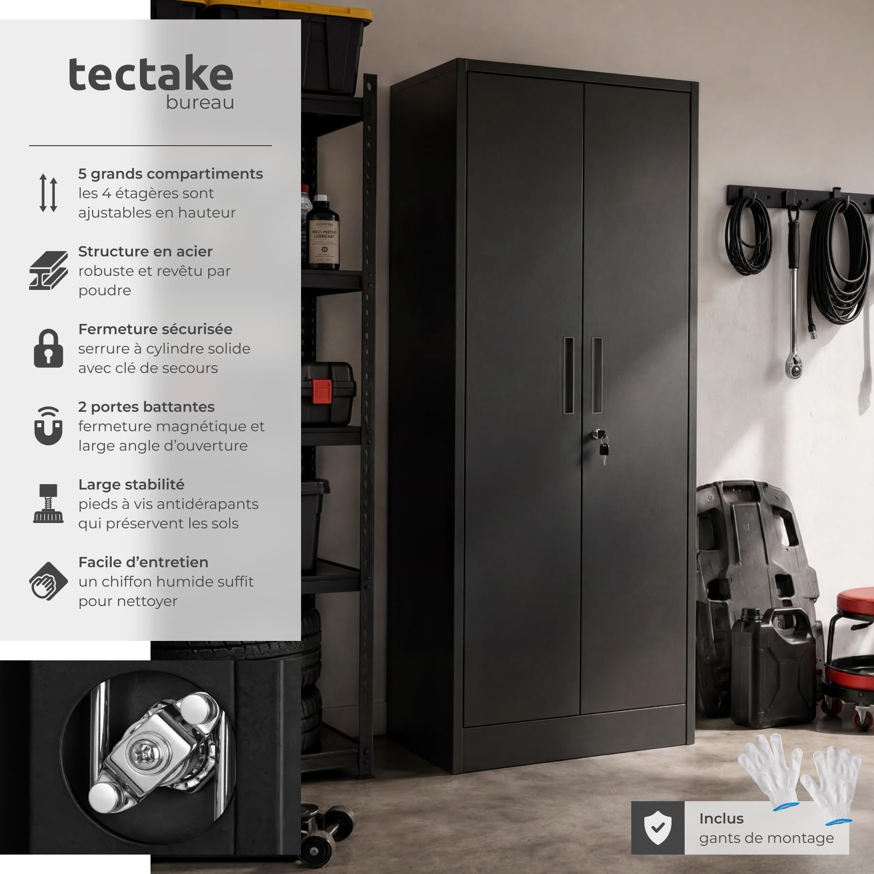 tectake® Armoire à dossiers 60x40x180.5 cm, Portes à Fermeture magnétique verrouillables, 4 étagères réglables, Armoire de Bureau en Acier thermolaqué, Meuble de Rangement Dossiers, Classeurs - Noir