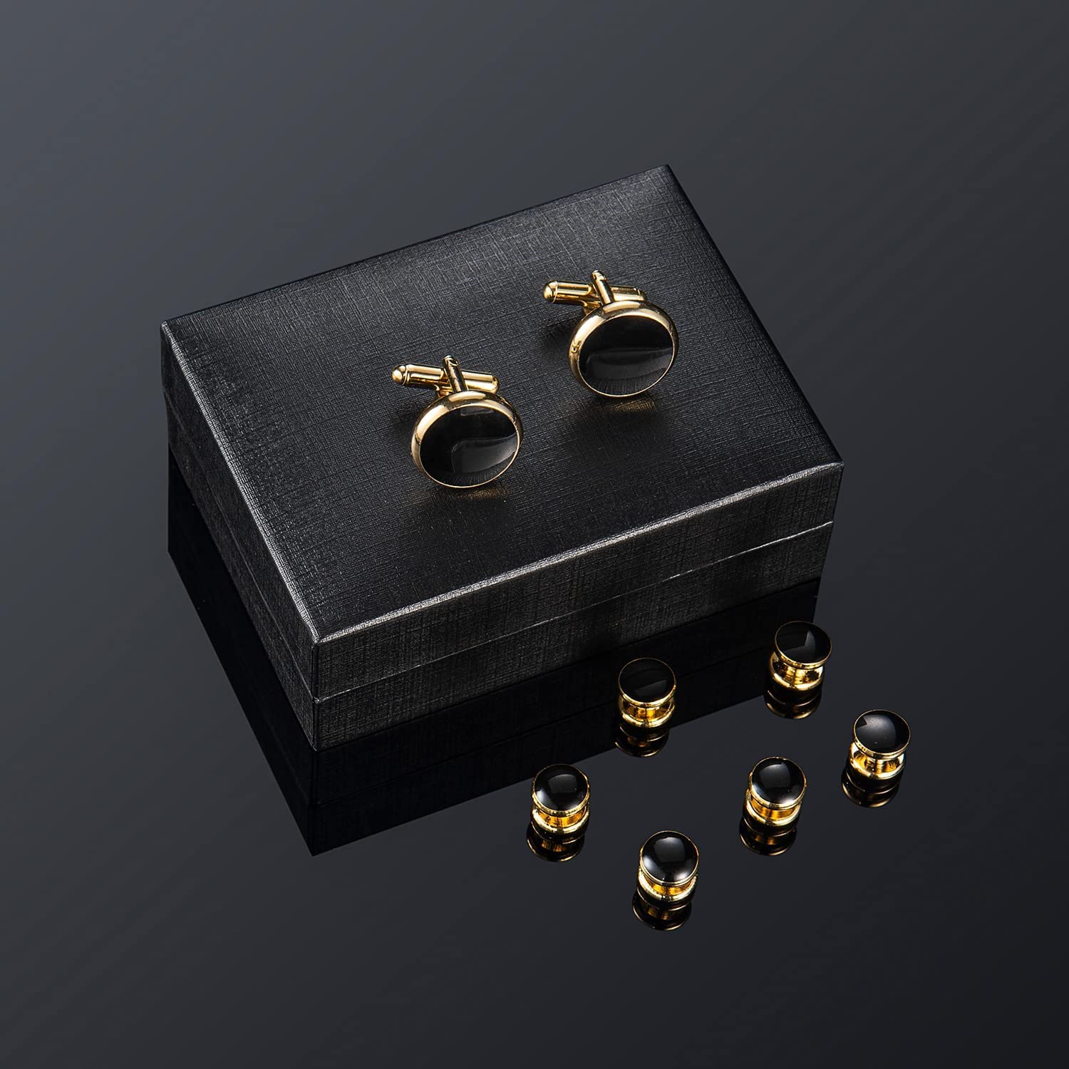 Set di gemelli e borchie, 1 paio di gemelli e 3 paia di borchie da smoking, kit di gioielli da uomo con confezione regalo, eleganti bottoni per camicia con scatola per gemelli, panno nero per la