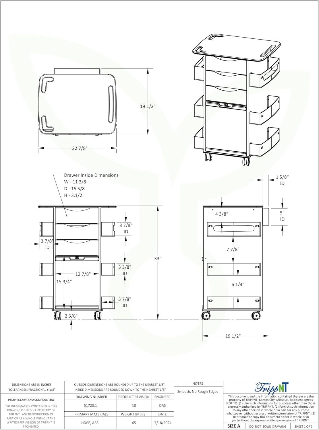 TrippNT White MRI Conditional Core DX Lab Cart with Clear Sliding Door, 23 Inches W x 19.5 Inches D x 33 Inches H, HDPE