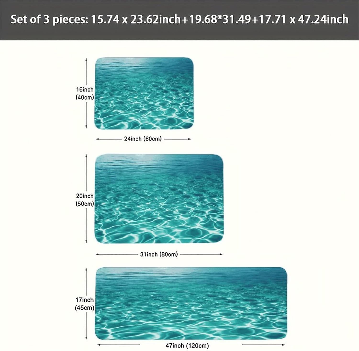 Blue Aqua Pool Water 3-Piece Kitchen Rug Indoor Door Mat | Non-Slip Kitchen Mat for Profile Absorbent, Moisture-Wicking and Breathable for Bathroom Laundry Room Bedroom Home Decor