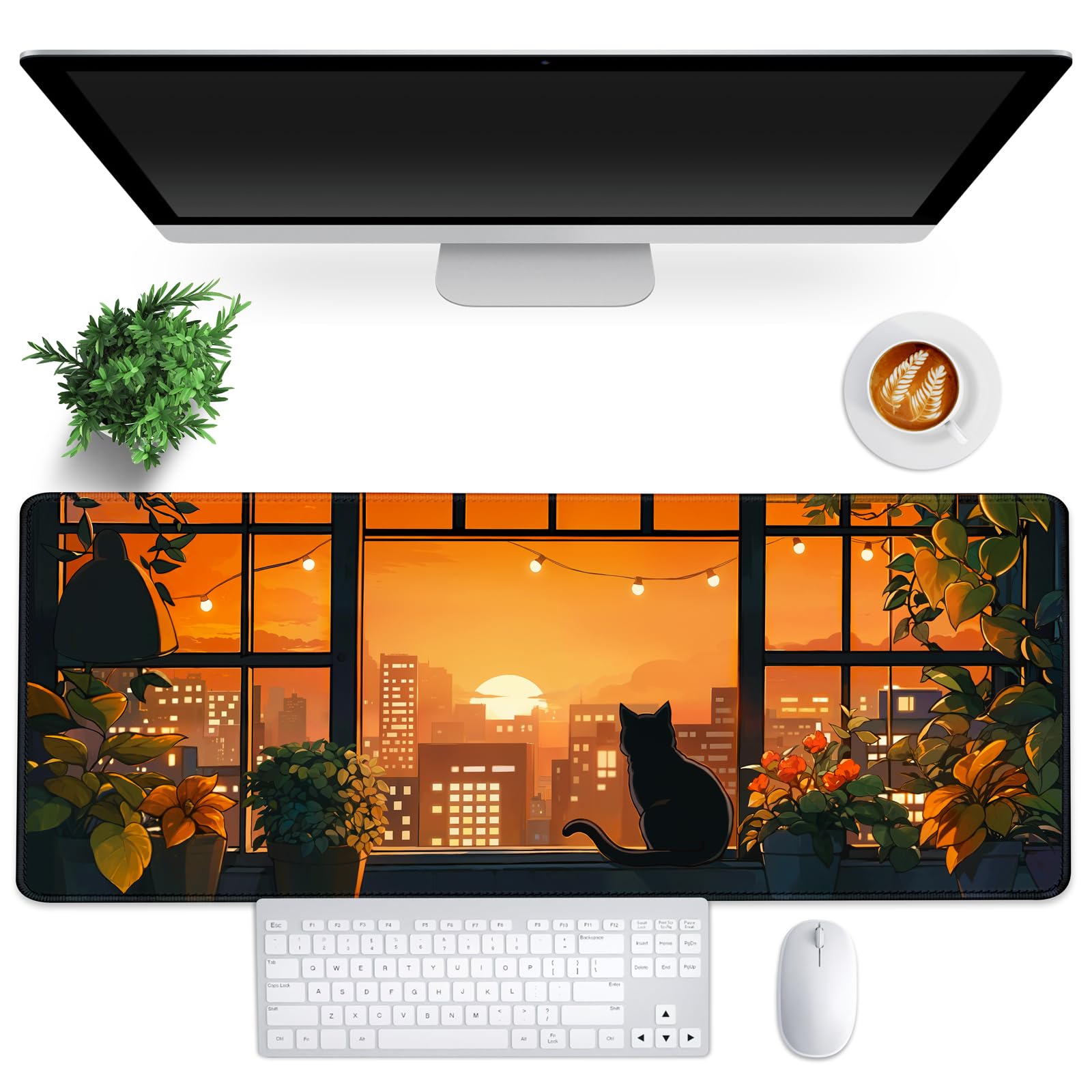 FLY SPRAY® Gaming Mouse Pad for Computer,XXL Cute Cat Mousepad Laptop,Anime Mouse Mat,Extended Large Black Japanese Waterproof Keyboard Pads,Non-Slip