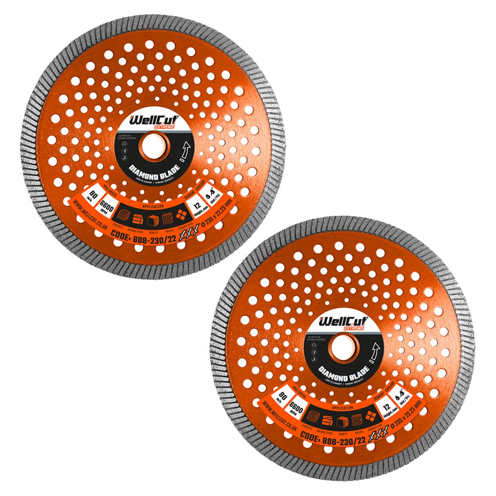 Diamond Cutting Discs For Angle Grinder 230mm 22.23mm Bore, Fast Clean Cut on Concrete Reinforced Concrete Marble And Granite Stone Sandstone Brick Tiles Or Ceramic Tiles WellCut (Pack of 2)
