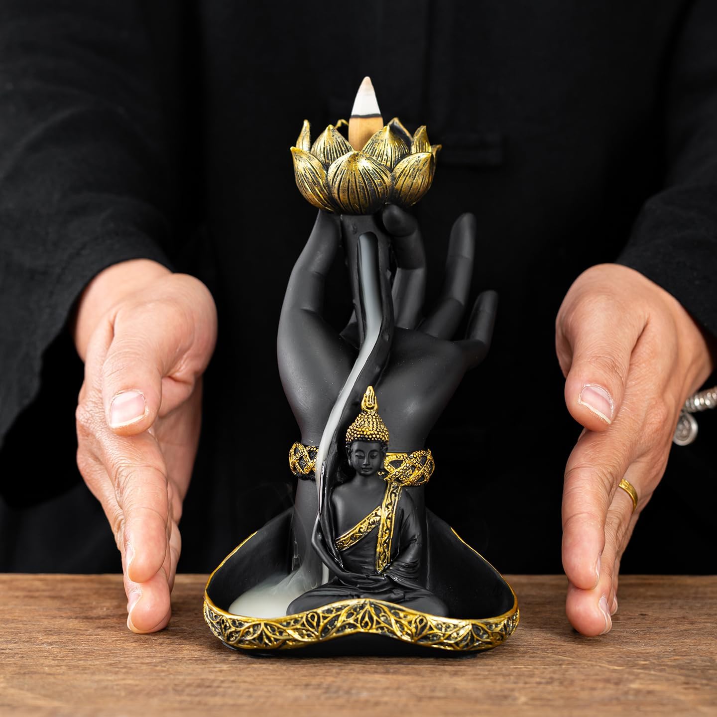 Hand-Held Lotus Backflow Incense Burner & Candle Holder, 7" Tall | Zen Waterfall Incense Fountain, With Buddha Statue, Resin, For Home Decor, Meditation & Yoga Relaxation