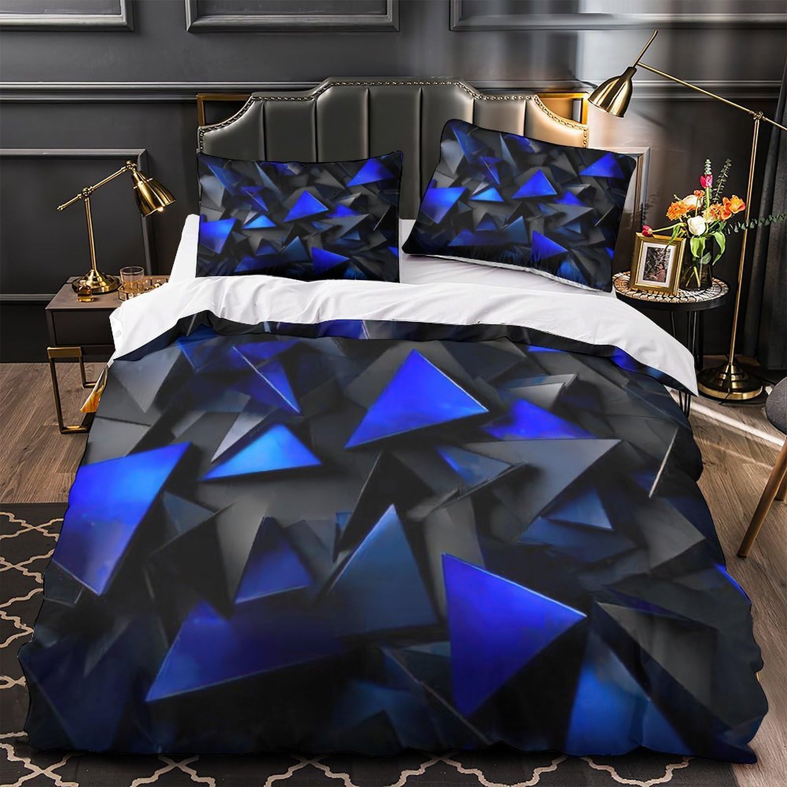 Parure de lit 140x200cm avec housse de couette microfibre et motifs triangles bleus