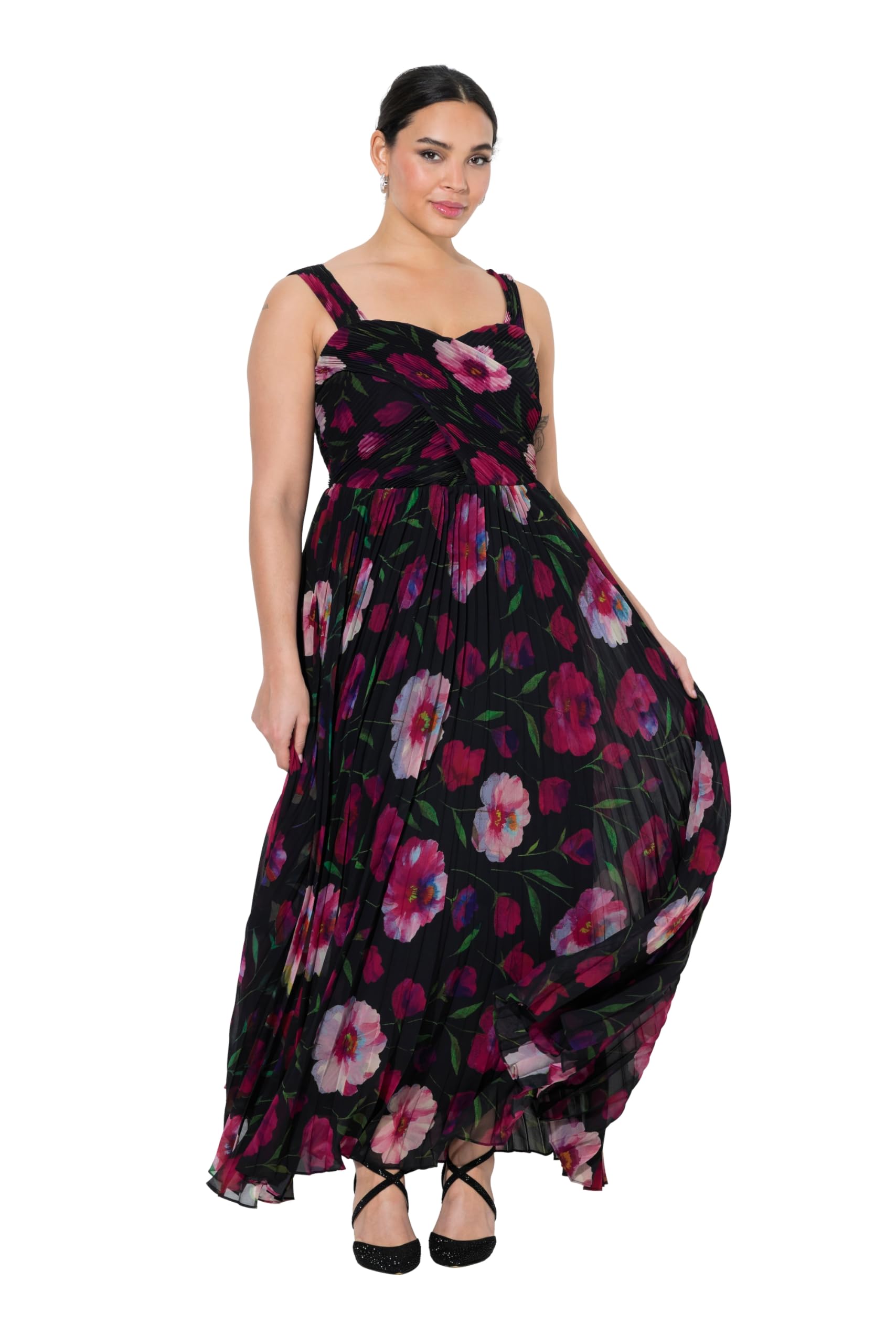 Ulla Popken Damen große Größen Übergrößen Plus Size Maxikleid, Blüten, Herzausschnitt, ärmellos 849454
